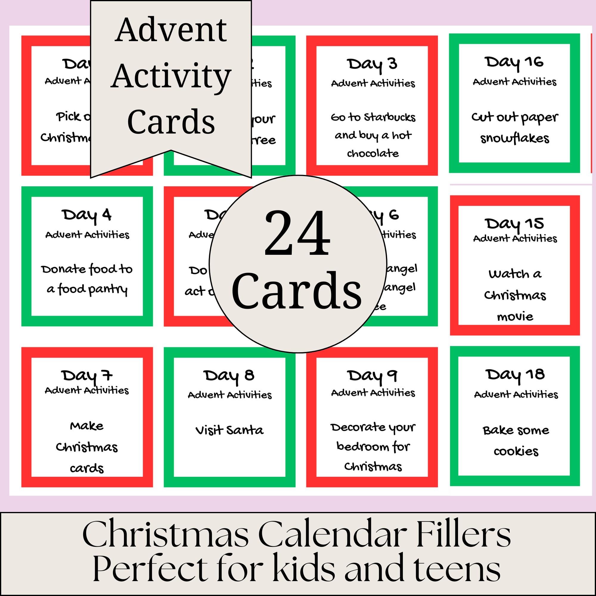 Advent Calendar Printable Christmas Countdown Activity Card Digital Download Family Tradition December Kid Game Children Fun Daily Challenge