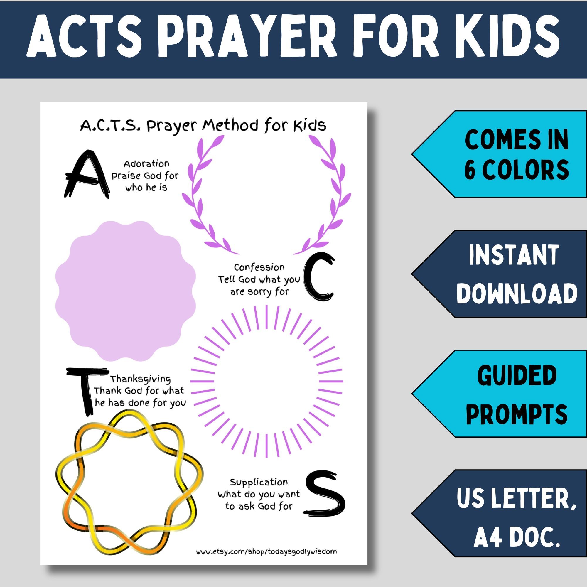 ACTS prayer method worksheet for kids printable ACTS method template for beginners sunday school prayer journal pages with ACTS acronym