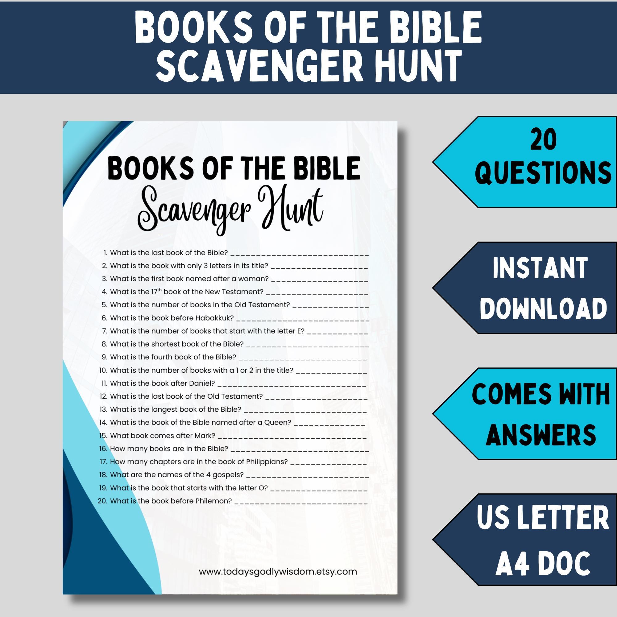 Books of Bible Scavenger Hunt Game for Kids Learning Activity Youth Group Study Printable Resource Sunday School Christian Education