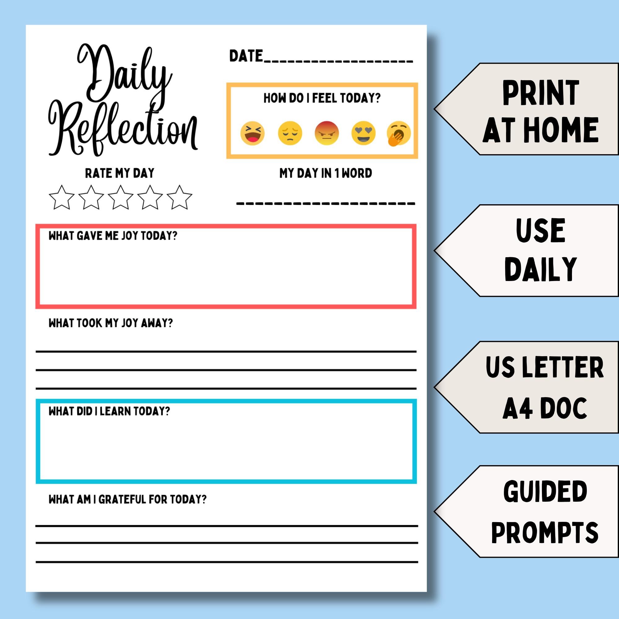 Printable Reflection Journal Template Digital Wellness Planner Self Care Mindfulness Practice Guided Daily Prompt Gratitude Writing Morning