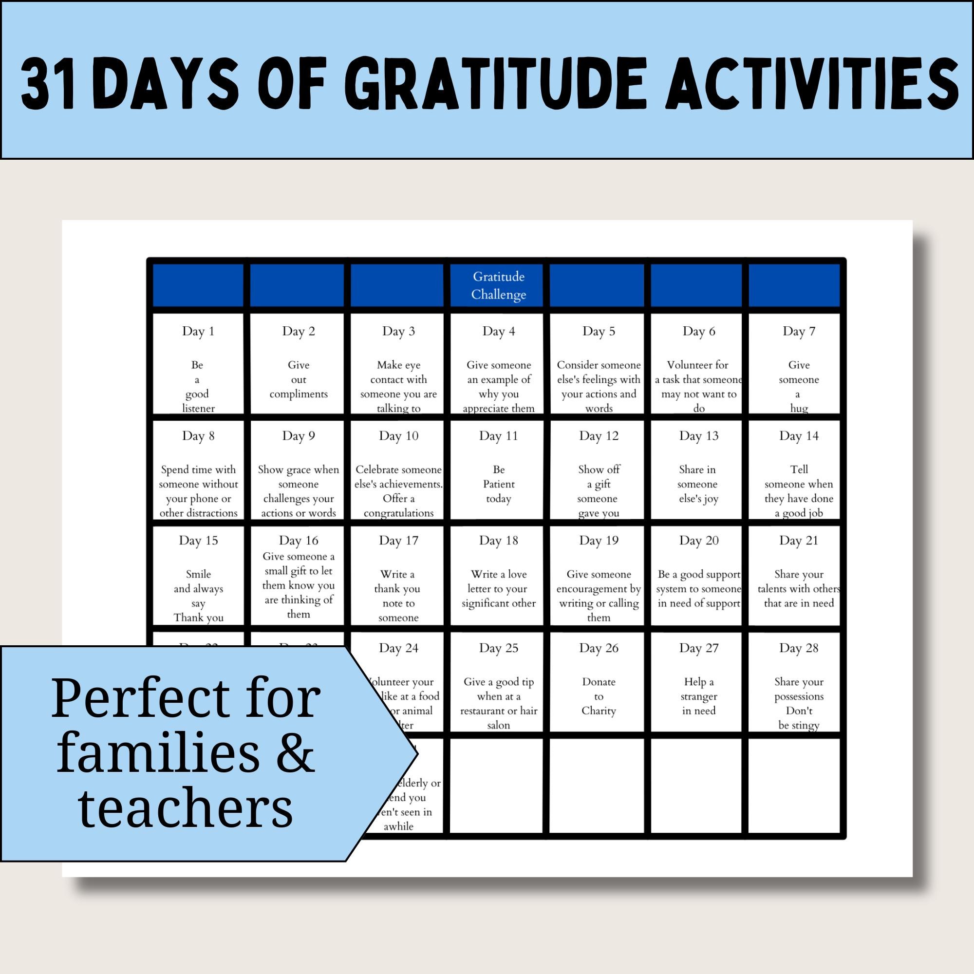 Gratitude Activities for Kids Calendar Printable Kindness Activities for Children Daily Practice Challenge Classroom Teaching Resource