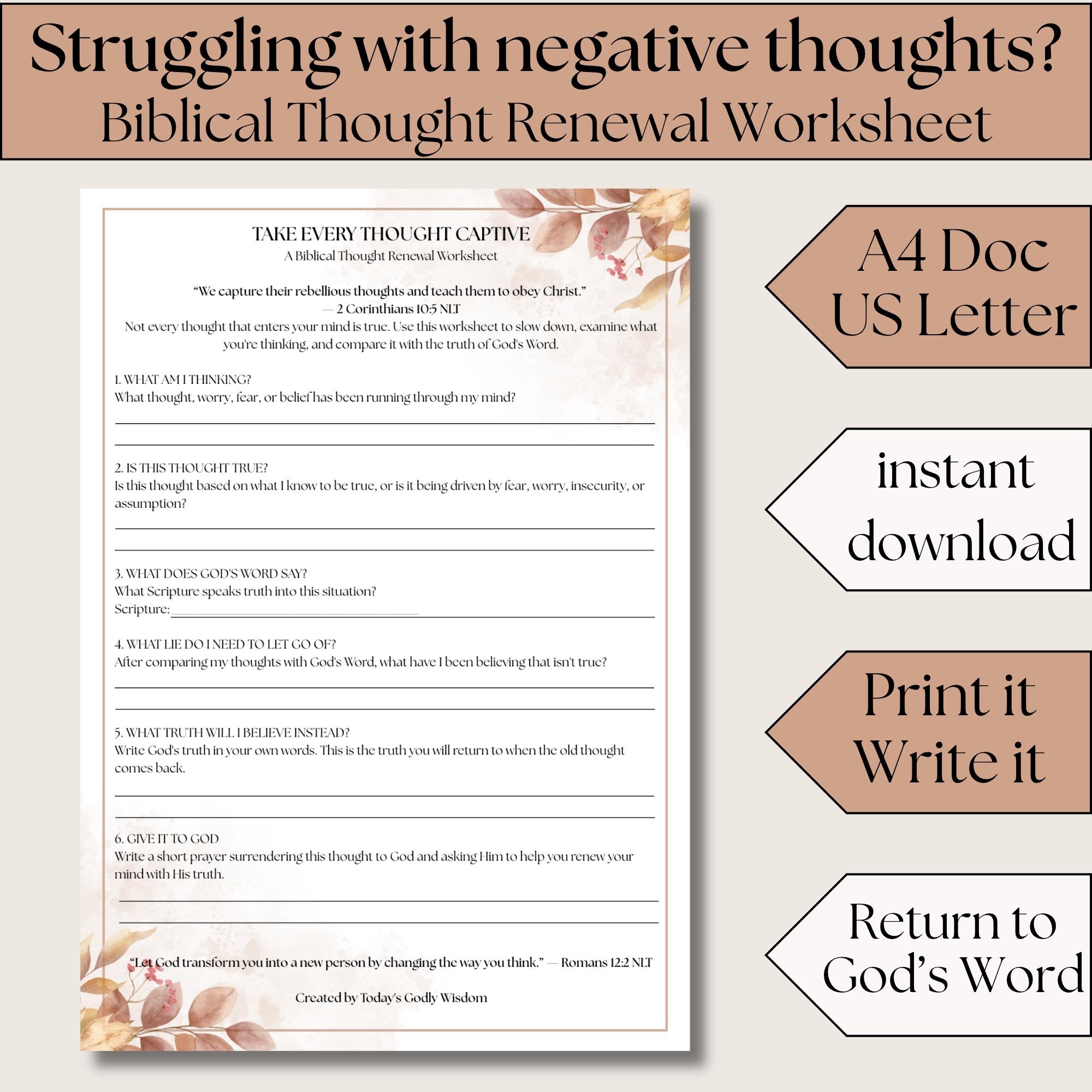 Take Every Thought Captive Worksheet Renew Your Mind Christian Printable Bible Study Worksheet for Negative Thoughts Scripture Reflection