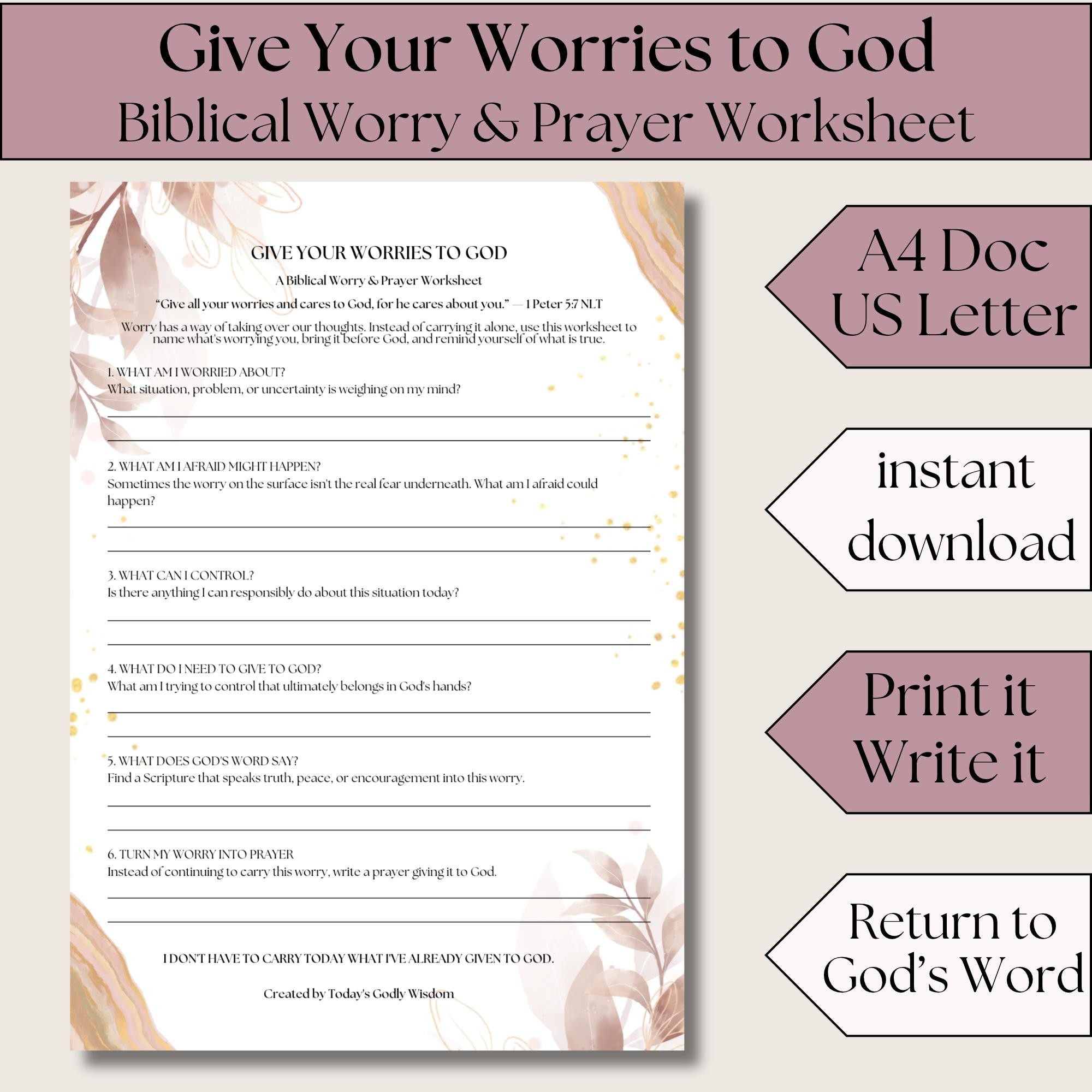Give Your Worries to God Worksheet for Christian Anxiety Printable Prayer & Scripture Reflection Page Bible Study Worksheet for Worry