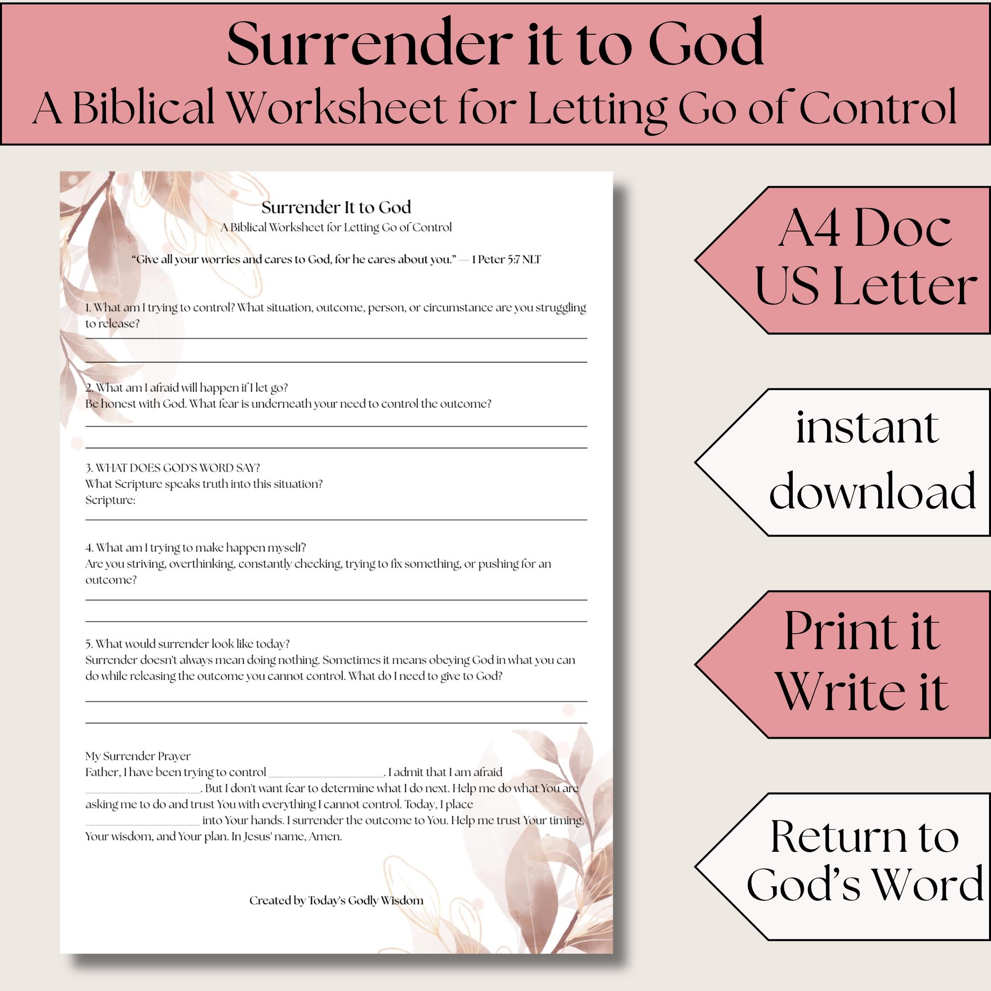 Christian Surrender Worksheet for Let Go and Trust God Prayer Journal Printable for Faith Based Bible Study with surrendering to God