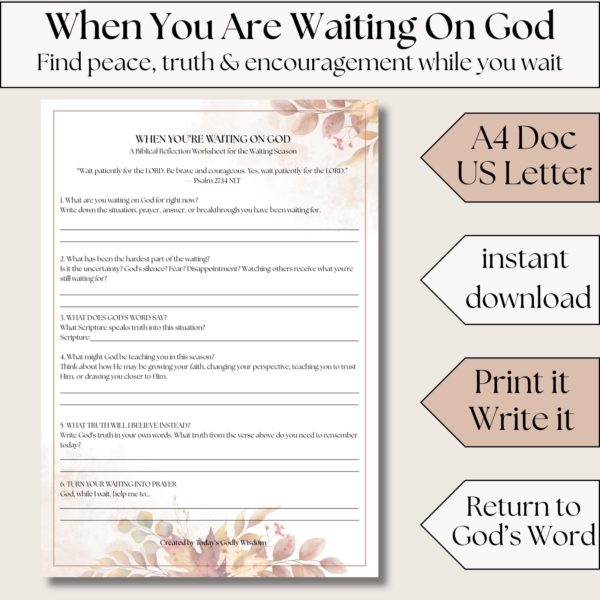 Waiting on God Worksheet for Christian Printable Bible Study Reflection Worksheet for Prayer Journal Page with Faith Based Digital Download