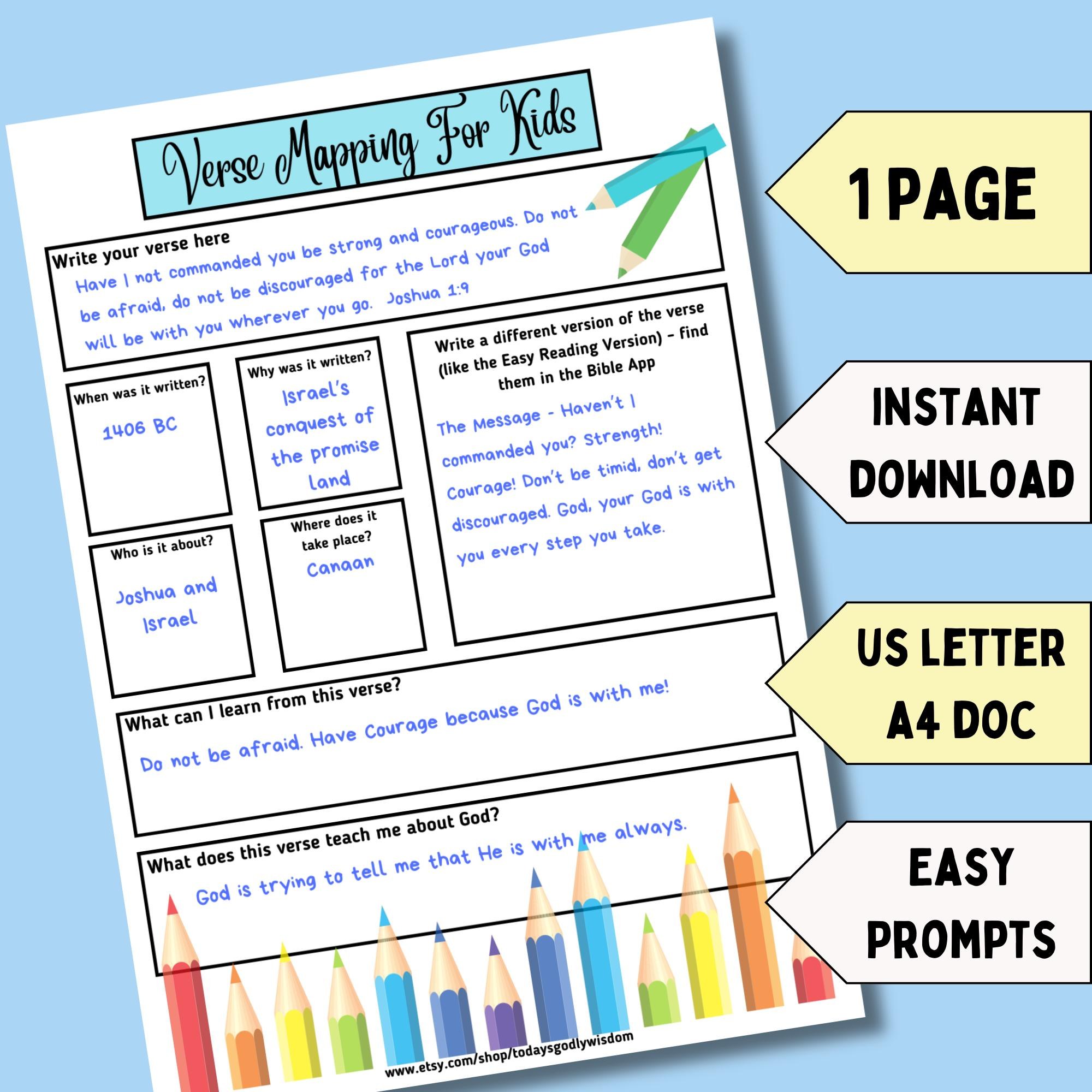 Verse Mapping Template for Kids Study Scripture Journal Printable Worksheet Children Activity Mapping Beginner Guide Religious Education