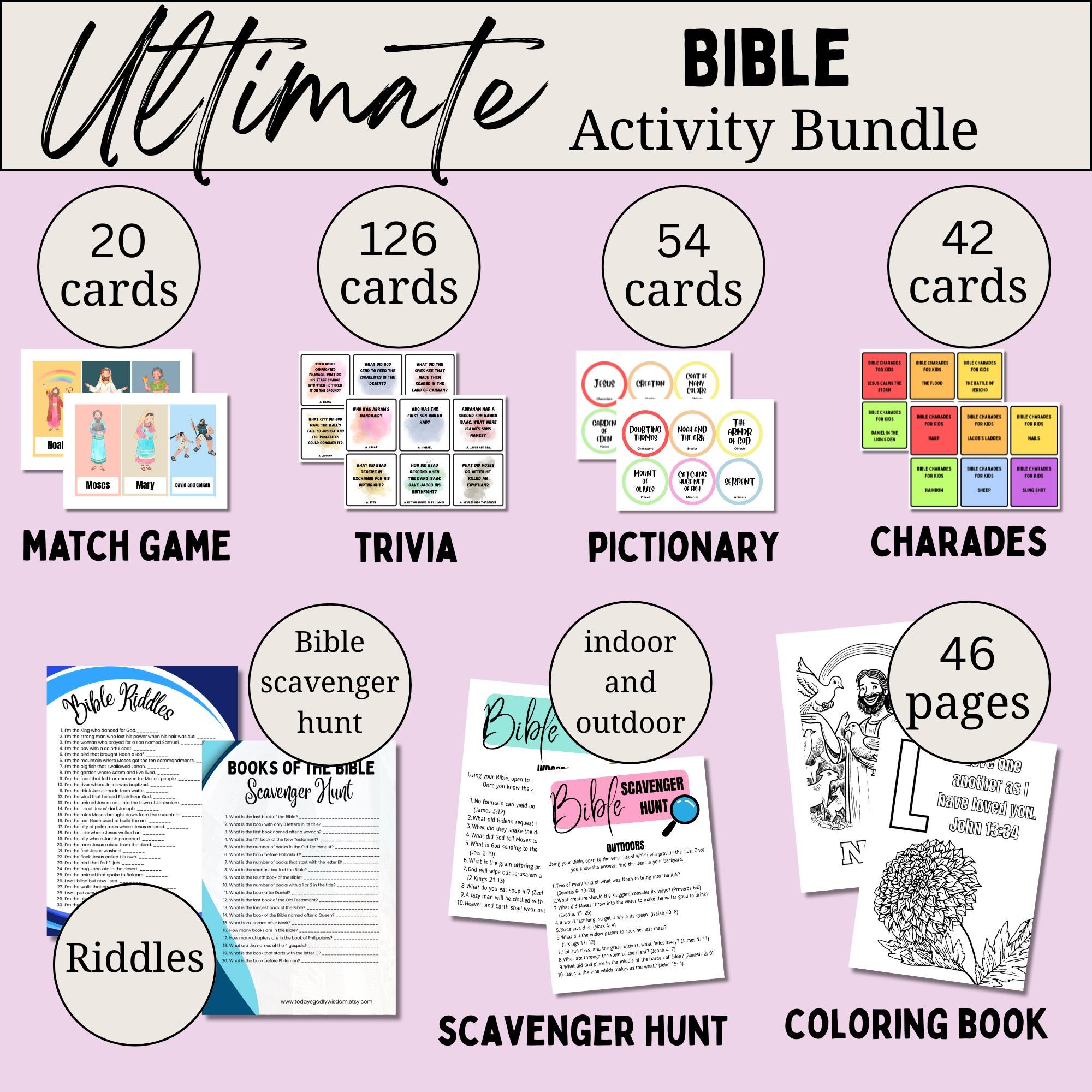 Bible Games Bundle Kids Sunday School Activity Ideas Printable Christian Resources Youth Group Bible Trivia Card Game Church Party Activity