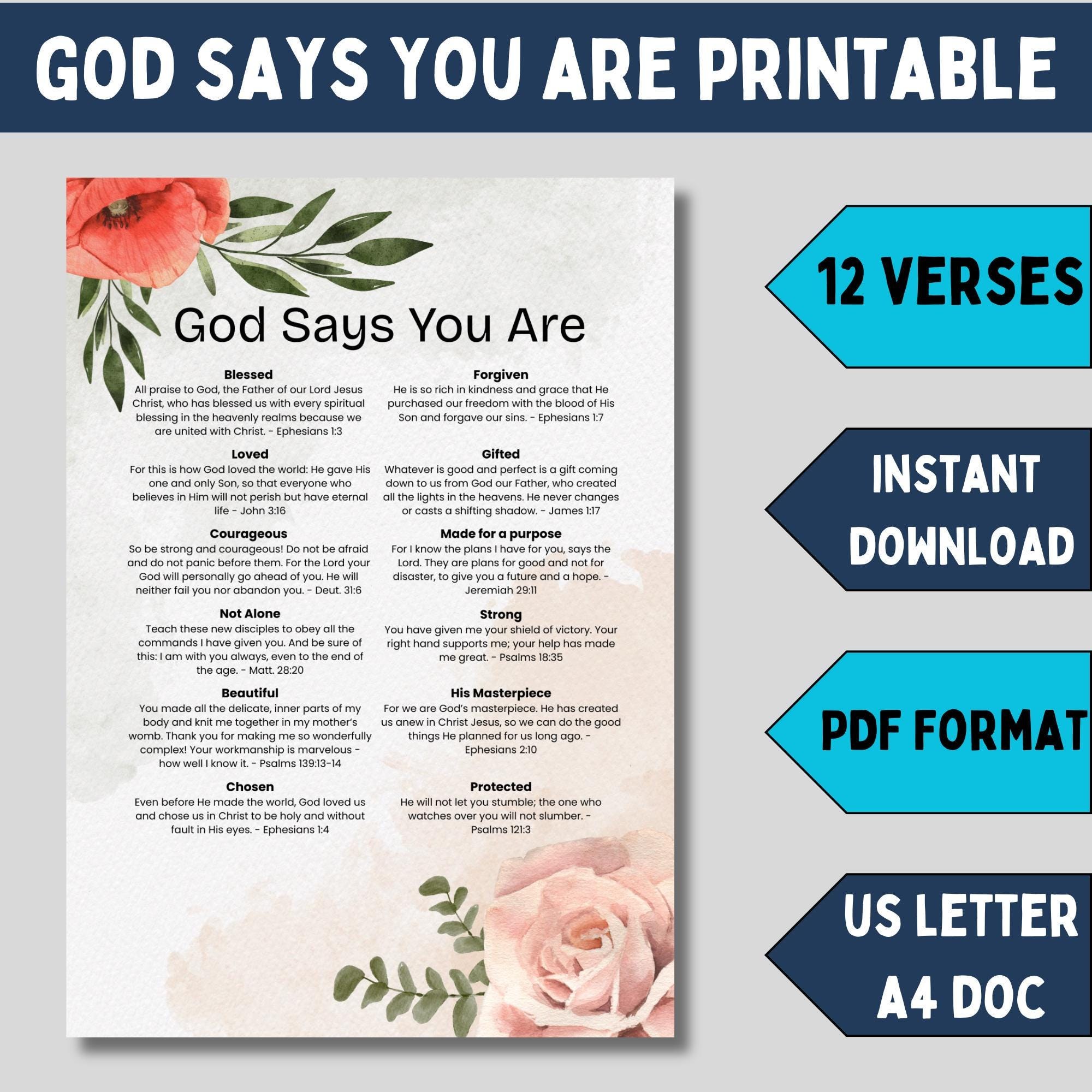 Bible Verse Printable Faith Affirmation Scripture List Who God Says You Are Identity in Christ War Room Prayer Space Wall Art Christian