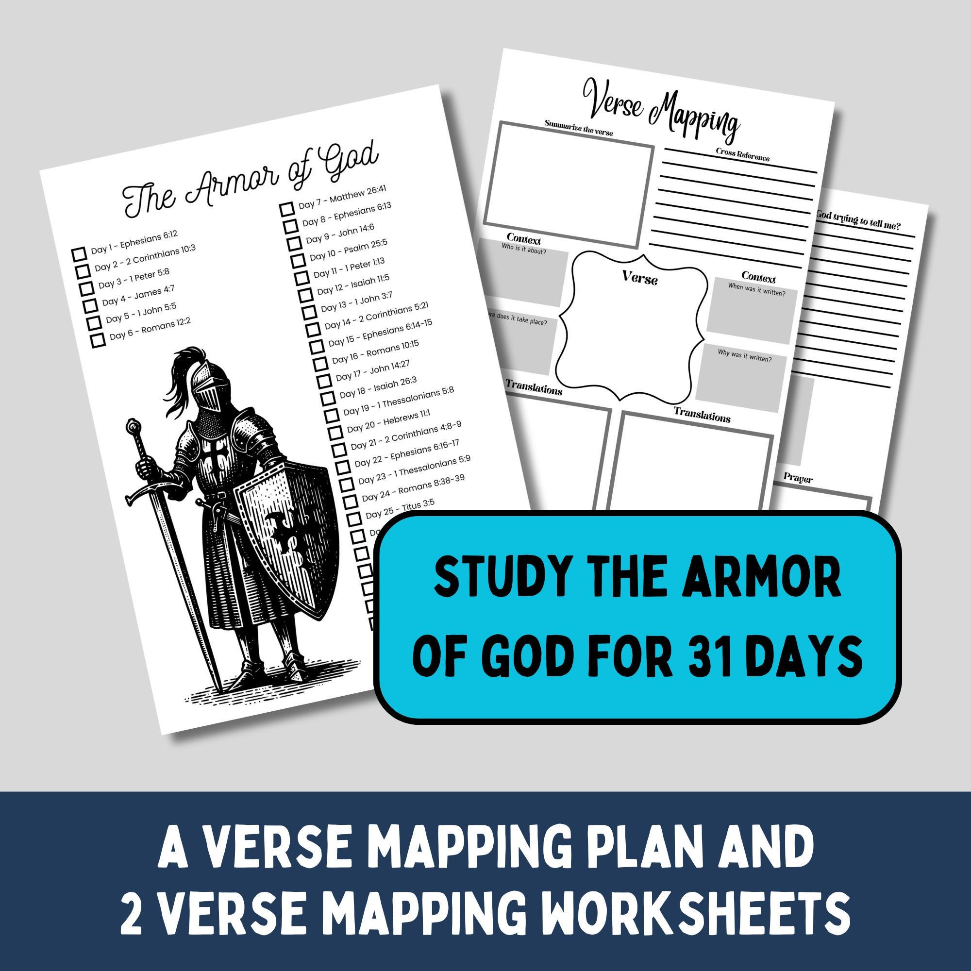 Armor of God Verse Mapping Plan Template Printable Devotional Guide Spiritual Warfare Prayer Christian 31 Day Scripture Study Worksheet