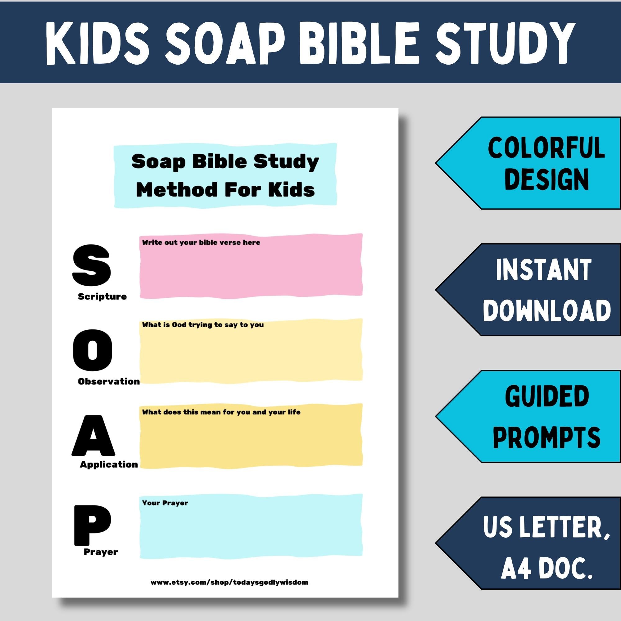SOAP bible study journal for kids beginner friendly SOAP template for sunday school printable SOAP acronym study guide for children