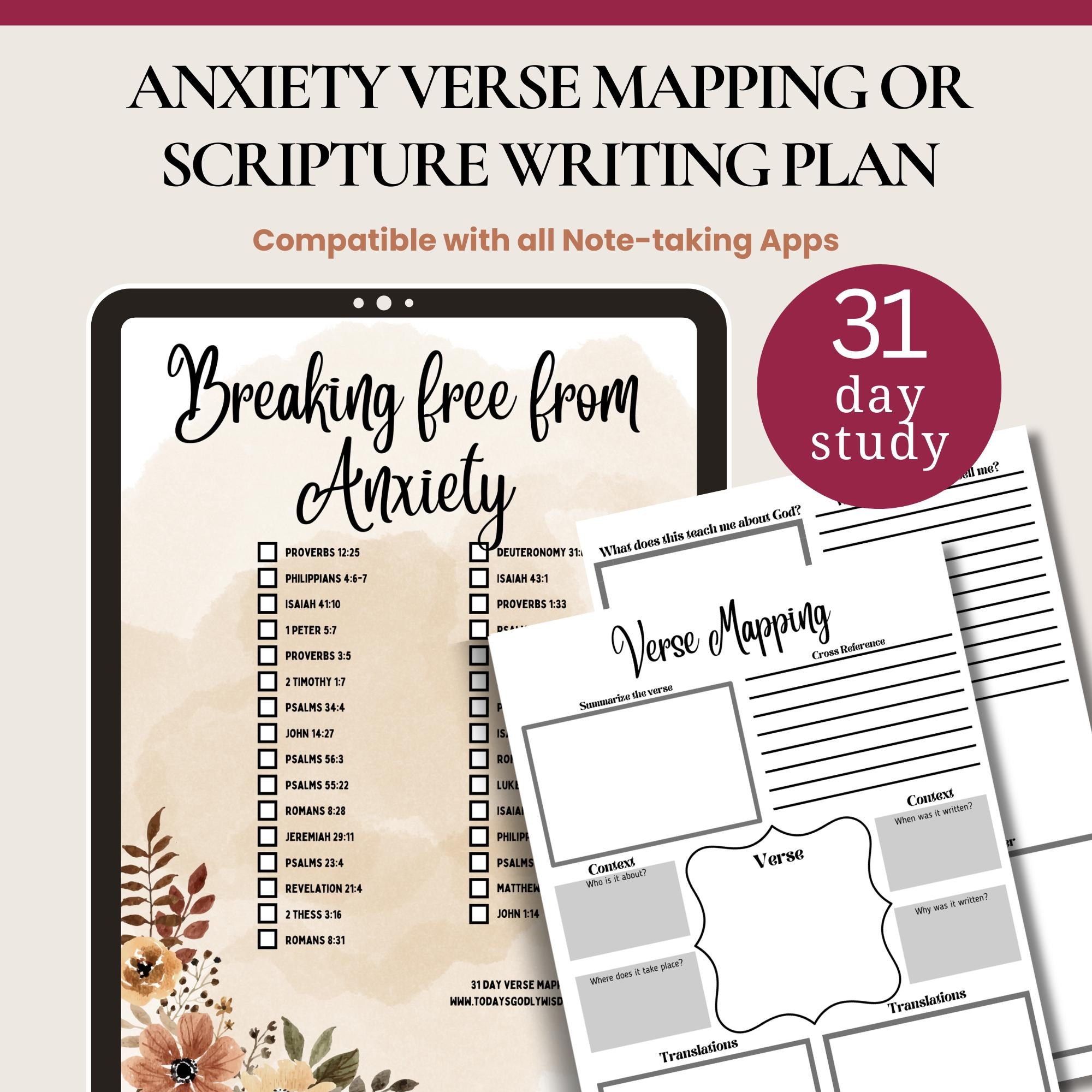 Anxiety Verse Mapping Plan for Adults Printable Devotional Guide Christian Resource Planner Worksheet with Anxiety Scripture Writing Plan