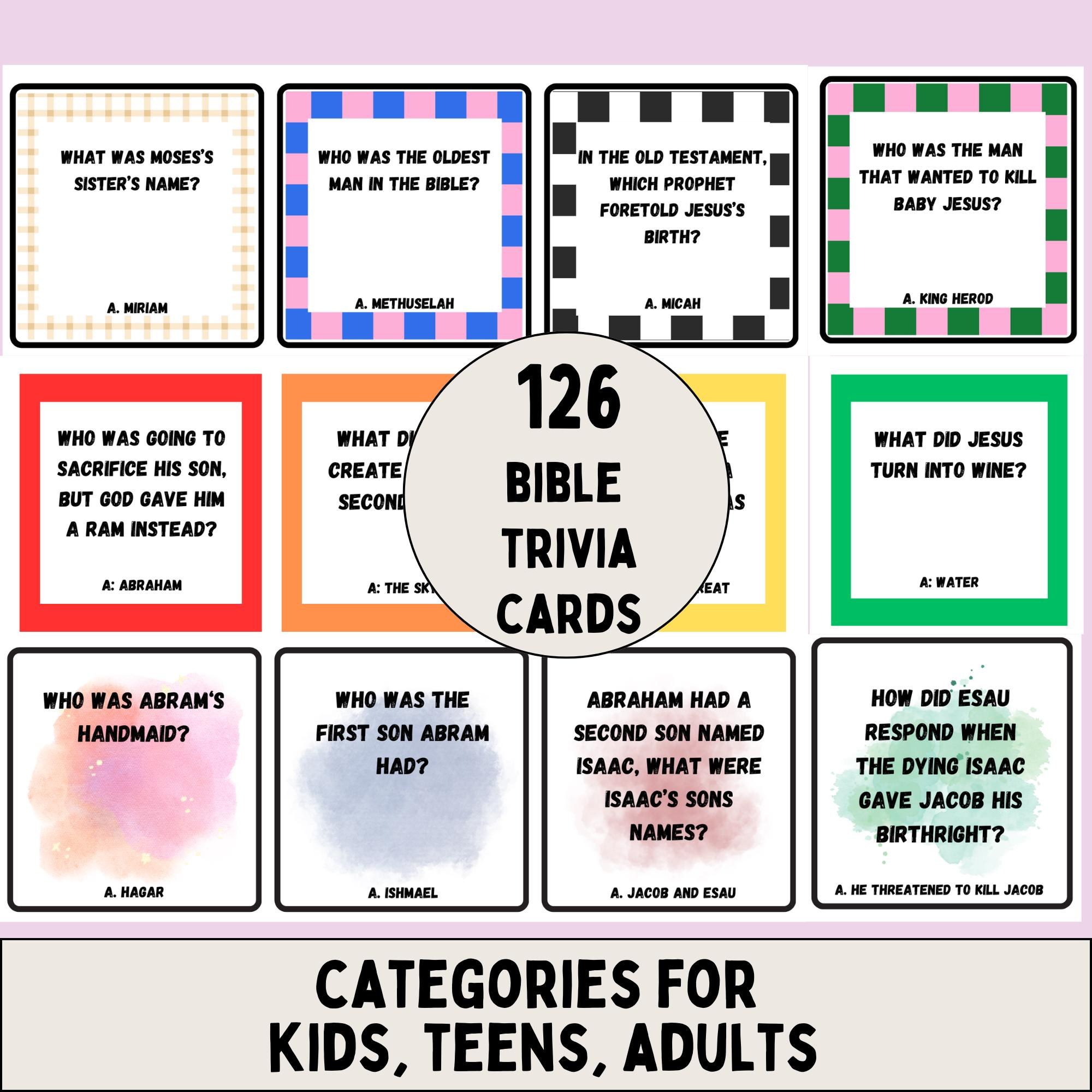 Printable Bible Trivia Card Game Night Activity for Family Christian Education Resource Tool Sunday School Teacher Material Bible Study