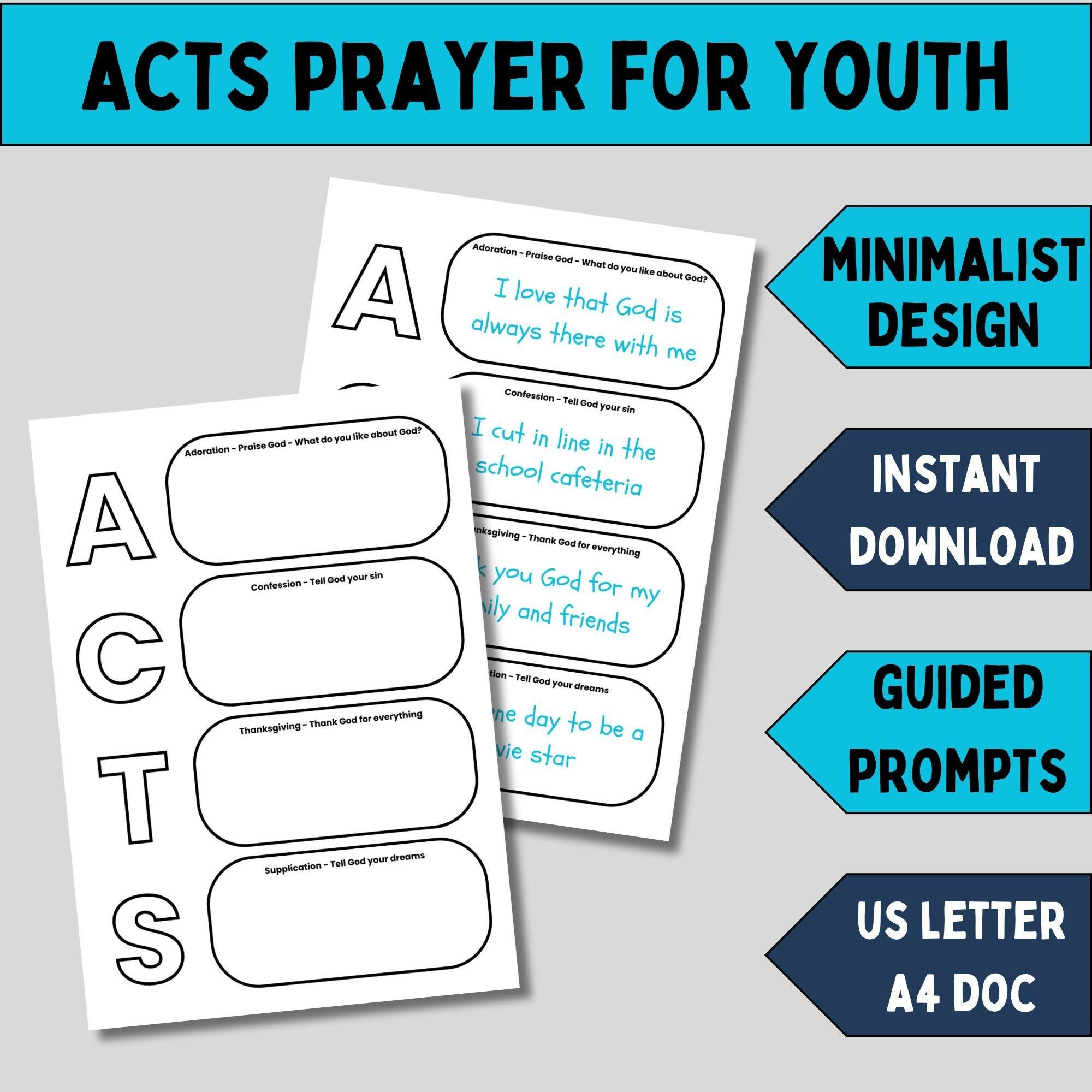 Youth Prayer Journal for Learning How to Pray Acts Prayer Method Worksheet Printable Christian Student Guide Sunday School Resource Template