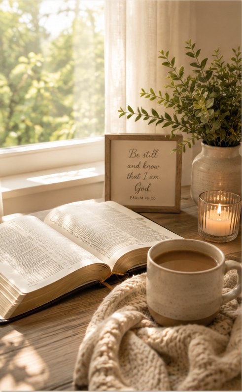 Open Bible, coffee, and a Psalm 46 verse in warm morning light