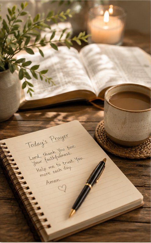Prayer journal, open Bible, candle, and coffee
