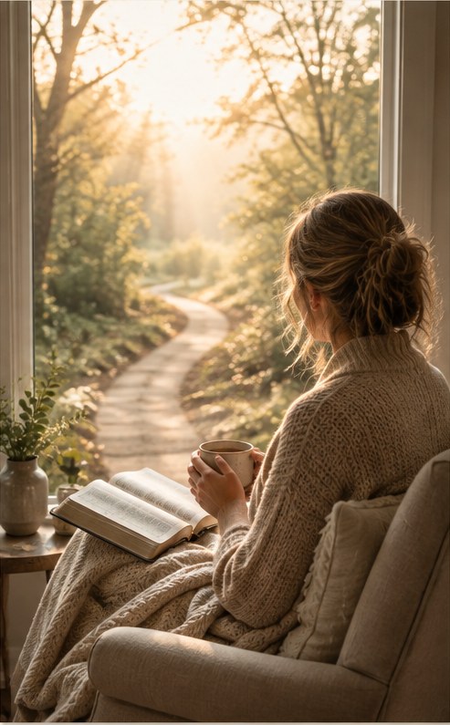 Woman reading a Bible while looking toward a sunlit path