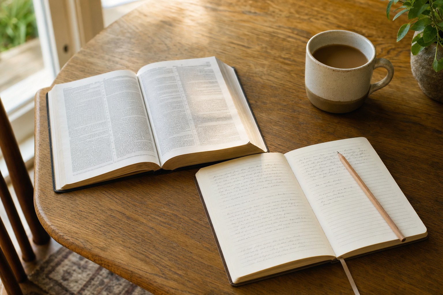 Open Bible, handwritten study notebook, pencil, and coffee on a wood table