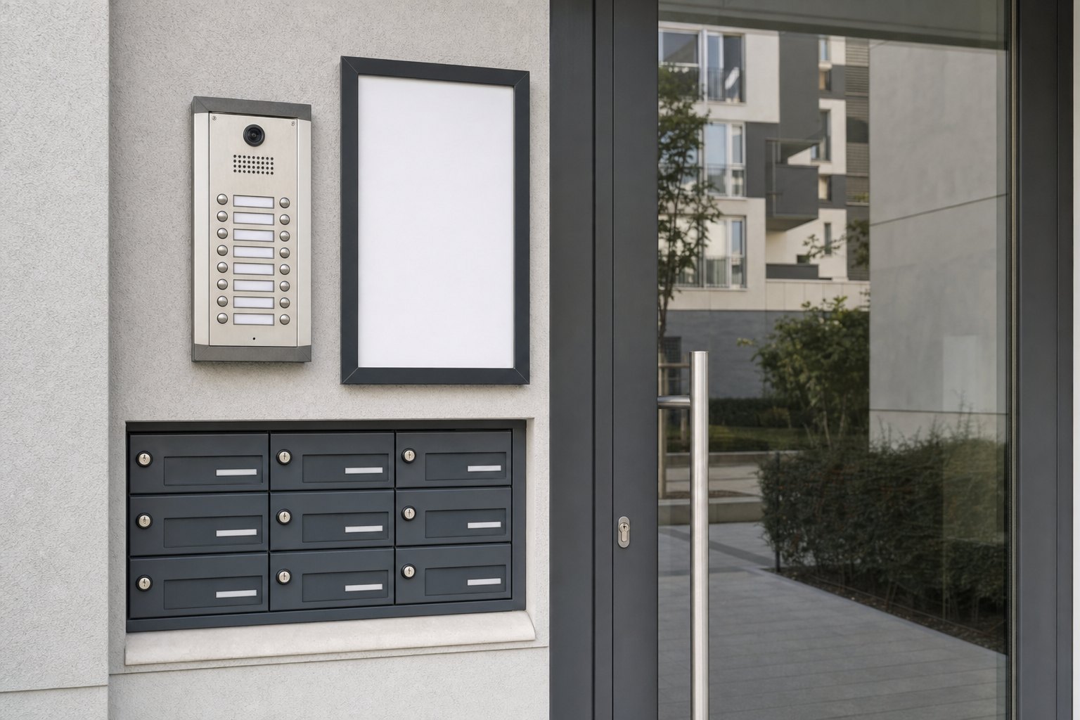 Apartment entry with an intercom, mailboxes, and a blank directory panel