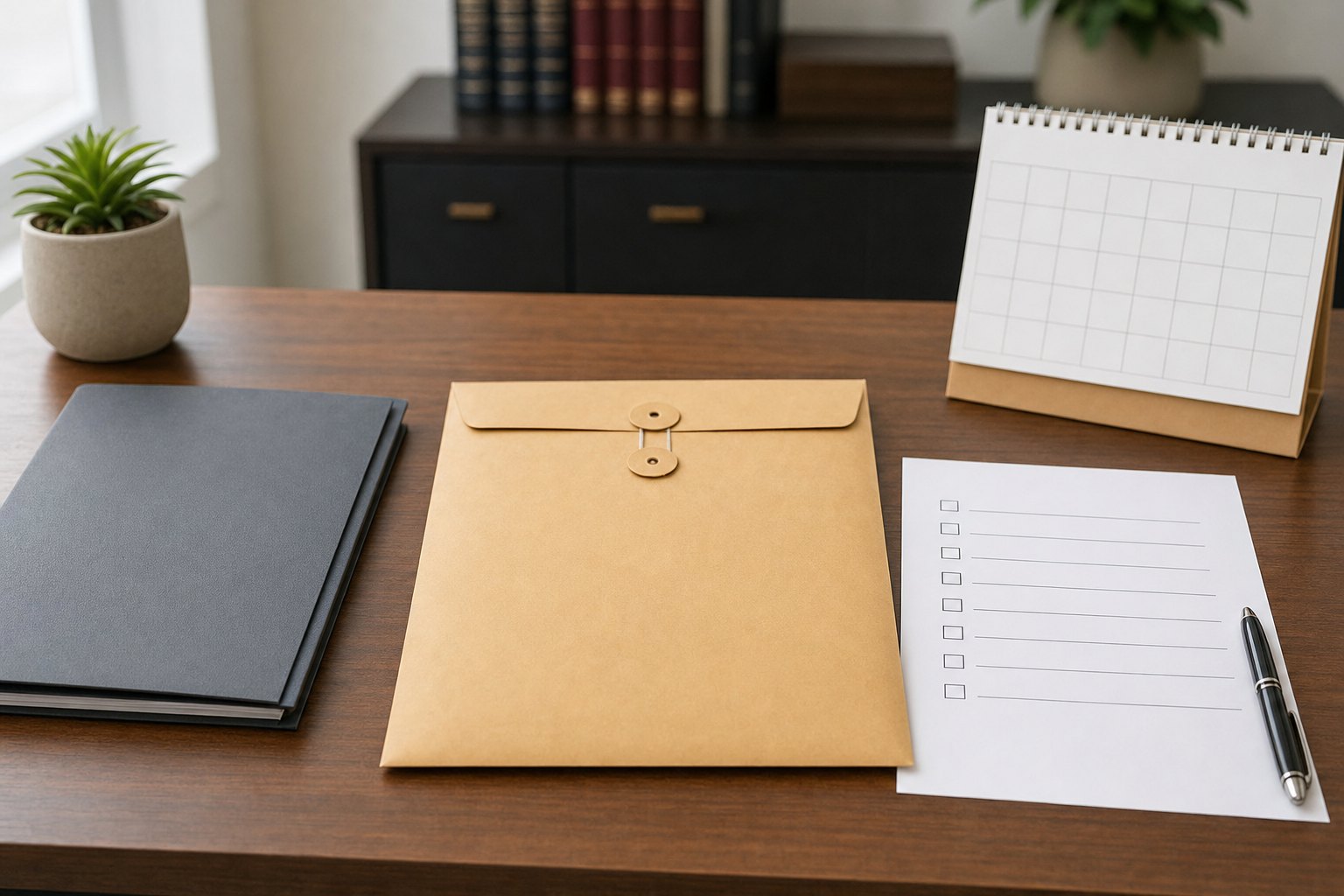 Process serving assignment envelope, checklist, calendar, and file folder on a desk
