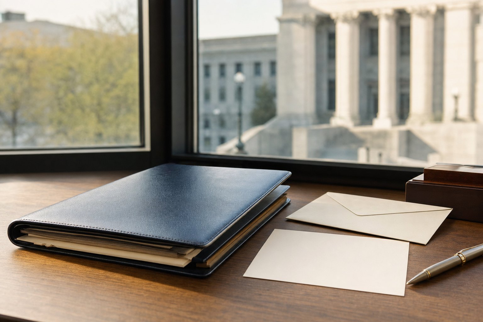 Legal file, envelope, and blank planning card beside a courthouse window