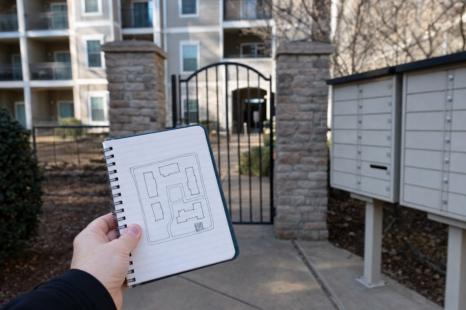Gated apartment entry viewed during an address check
