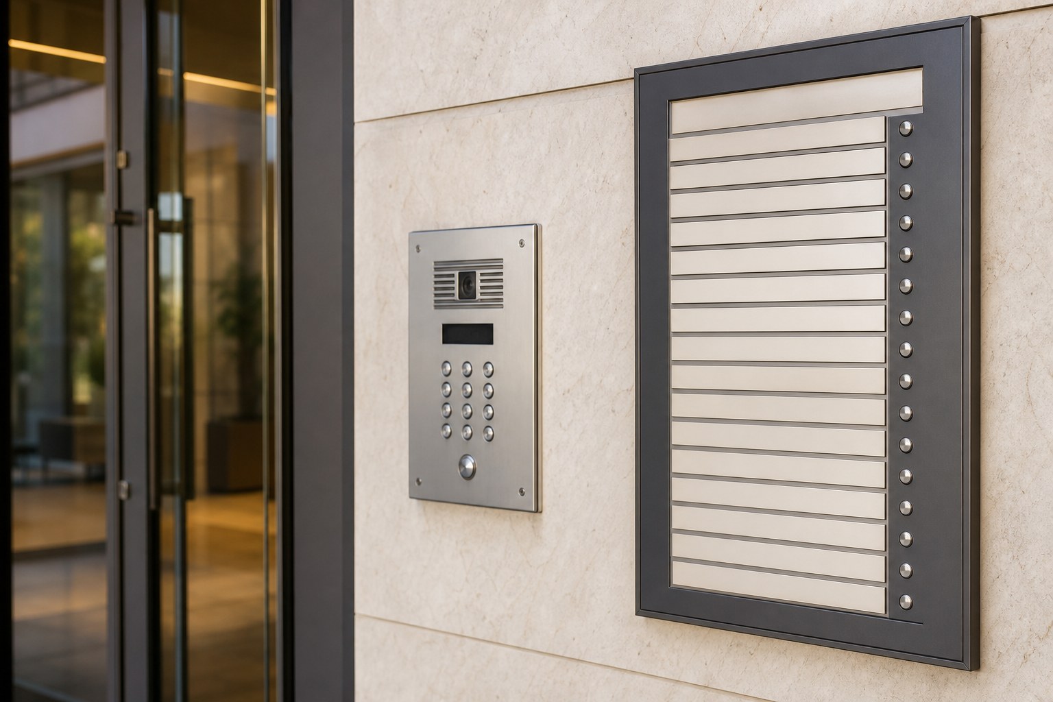 Apartment building directory and entry intercom with blank nameplates