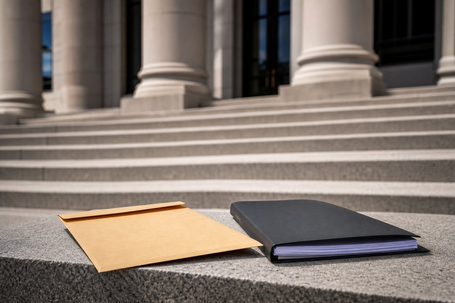 Document envelope and file folder outside courthouse steps