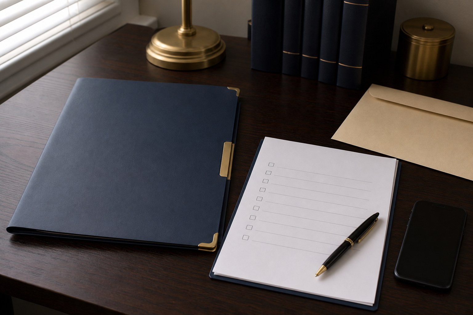 Organized service-attempt checklist, legal file, envelope, and phone on a desk