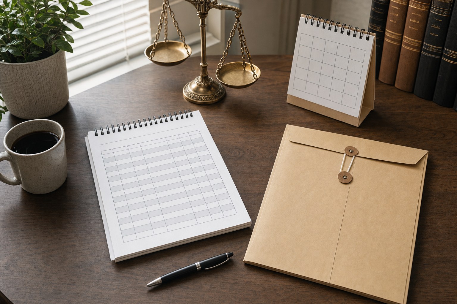 Process-service attempt log, sealed envelope, and pen on a desk