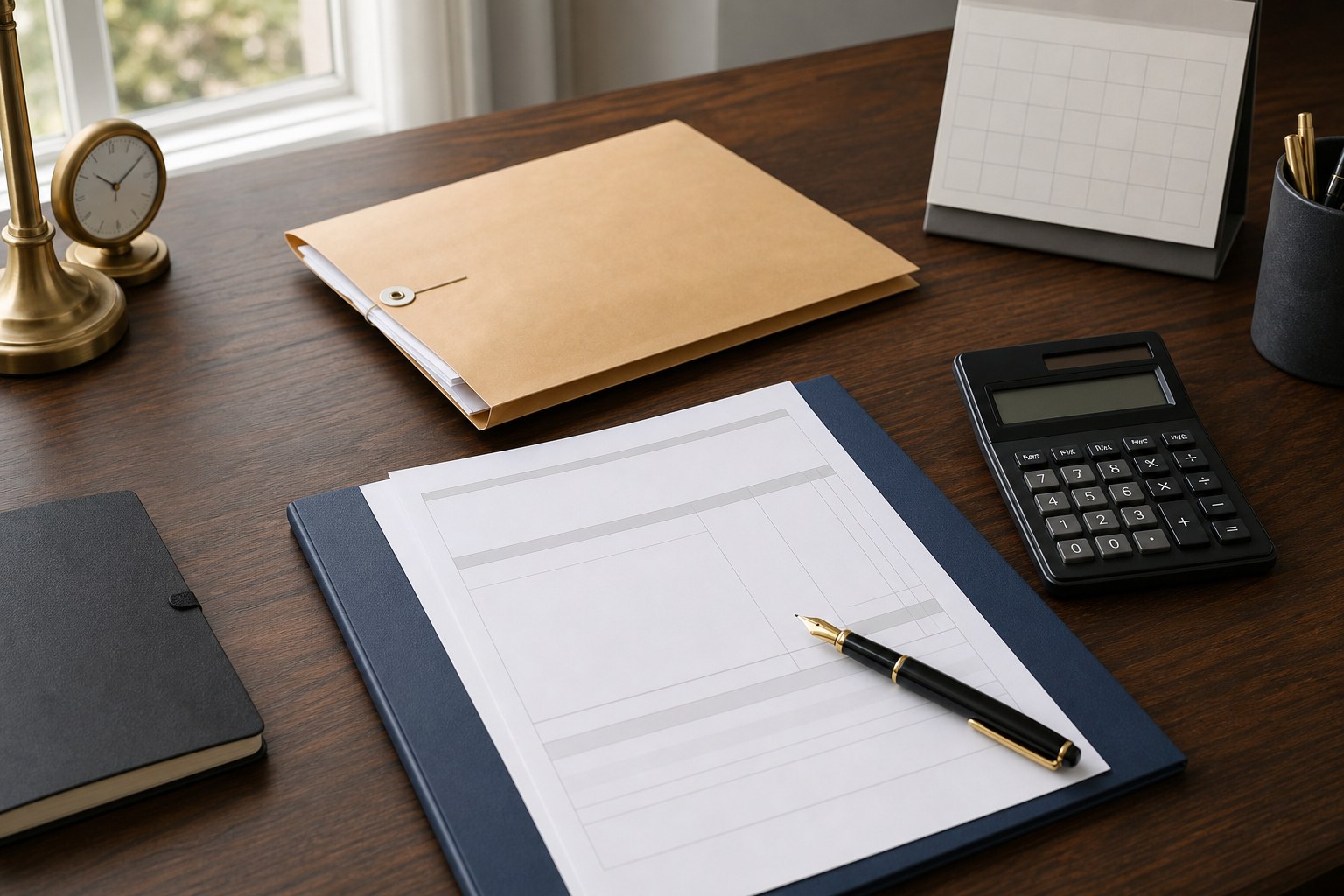 Document folder, blank invoice, calendar, calculator, and pen arranged on a desk