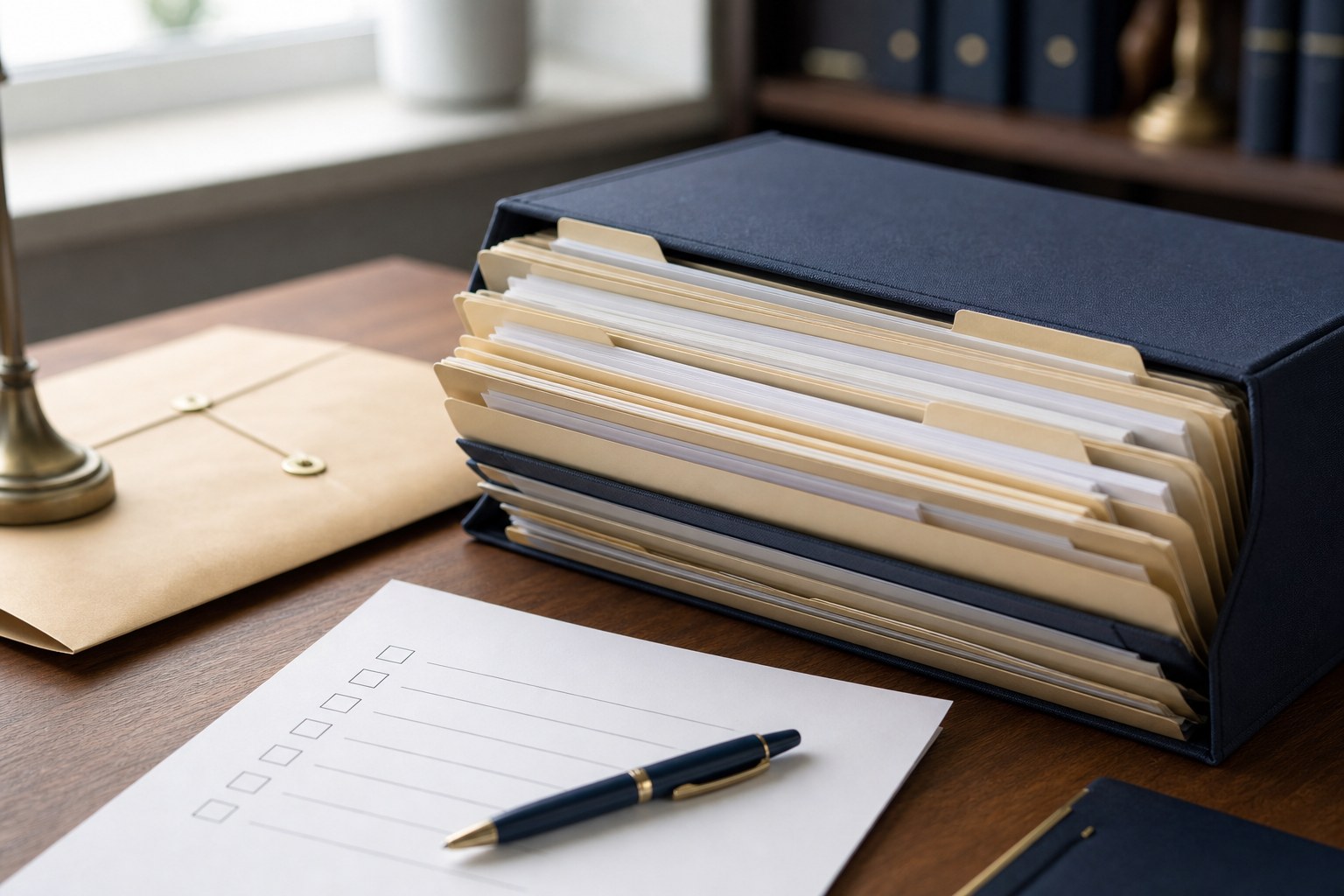 Organized process-serving folders, blank checklist, envelope, and pen on a desk