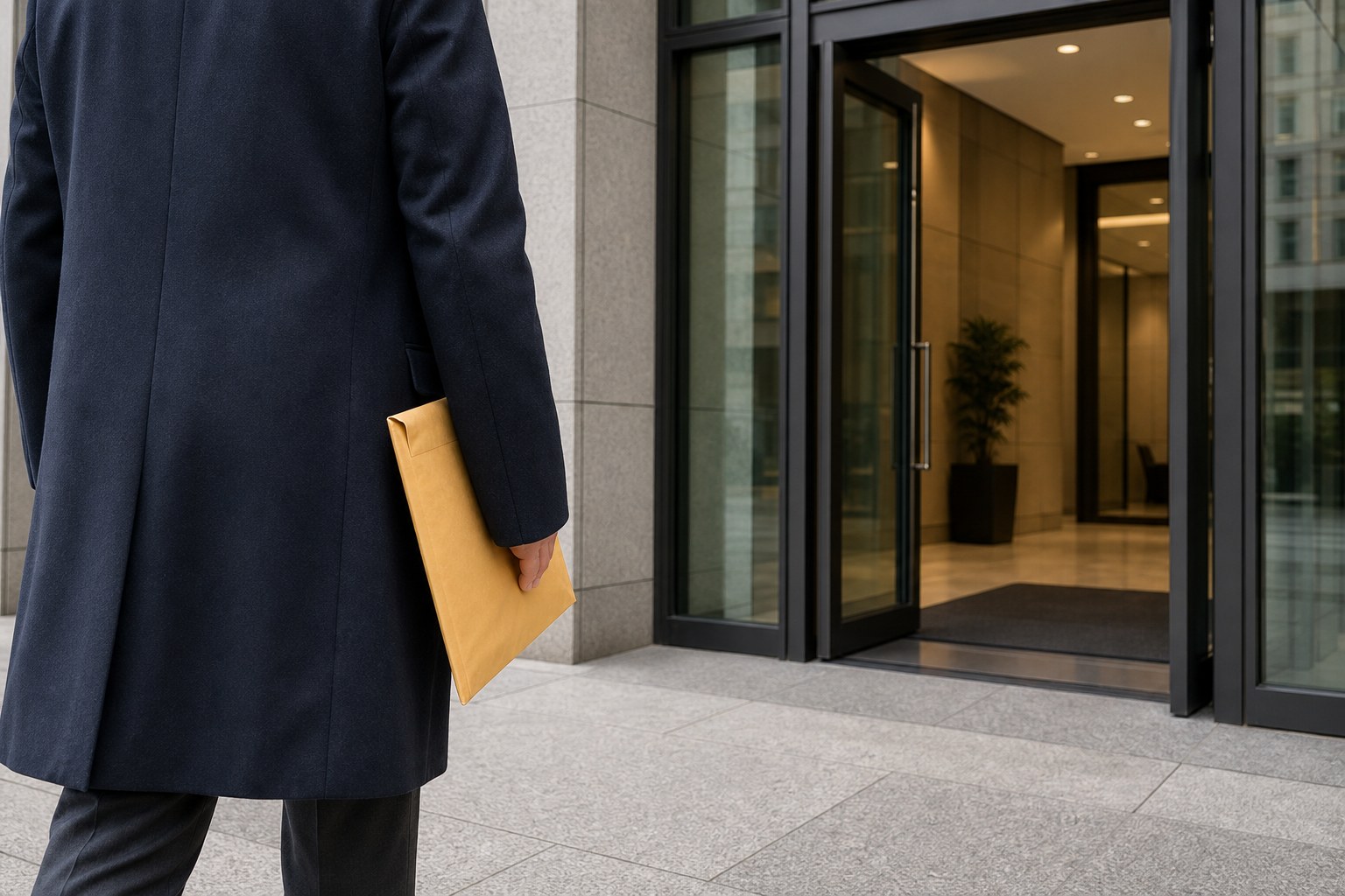 Professional holding a document envelope outside an office entrance