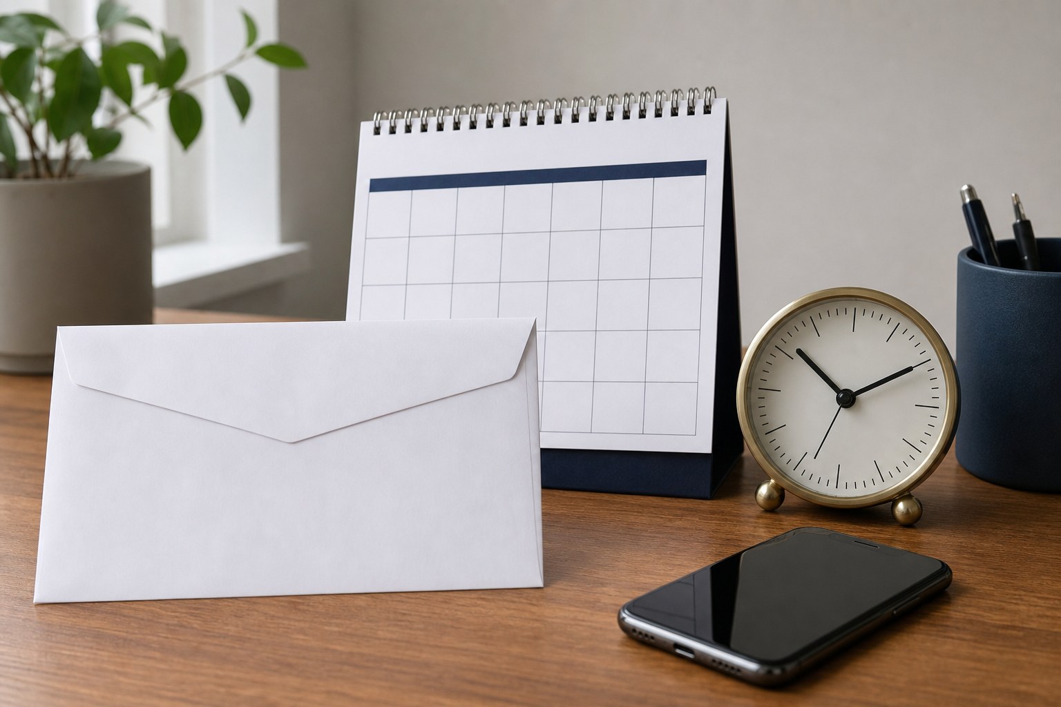 Document envelope, calendar, clock, and phone arranged on an office desk
