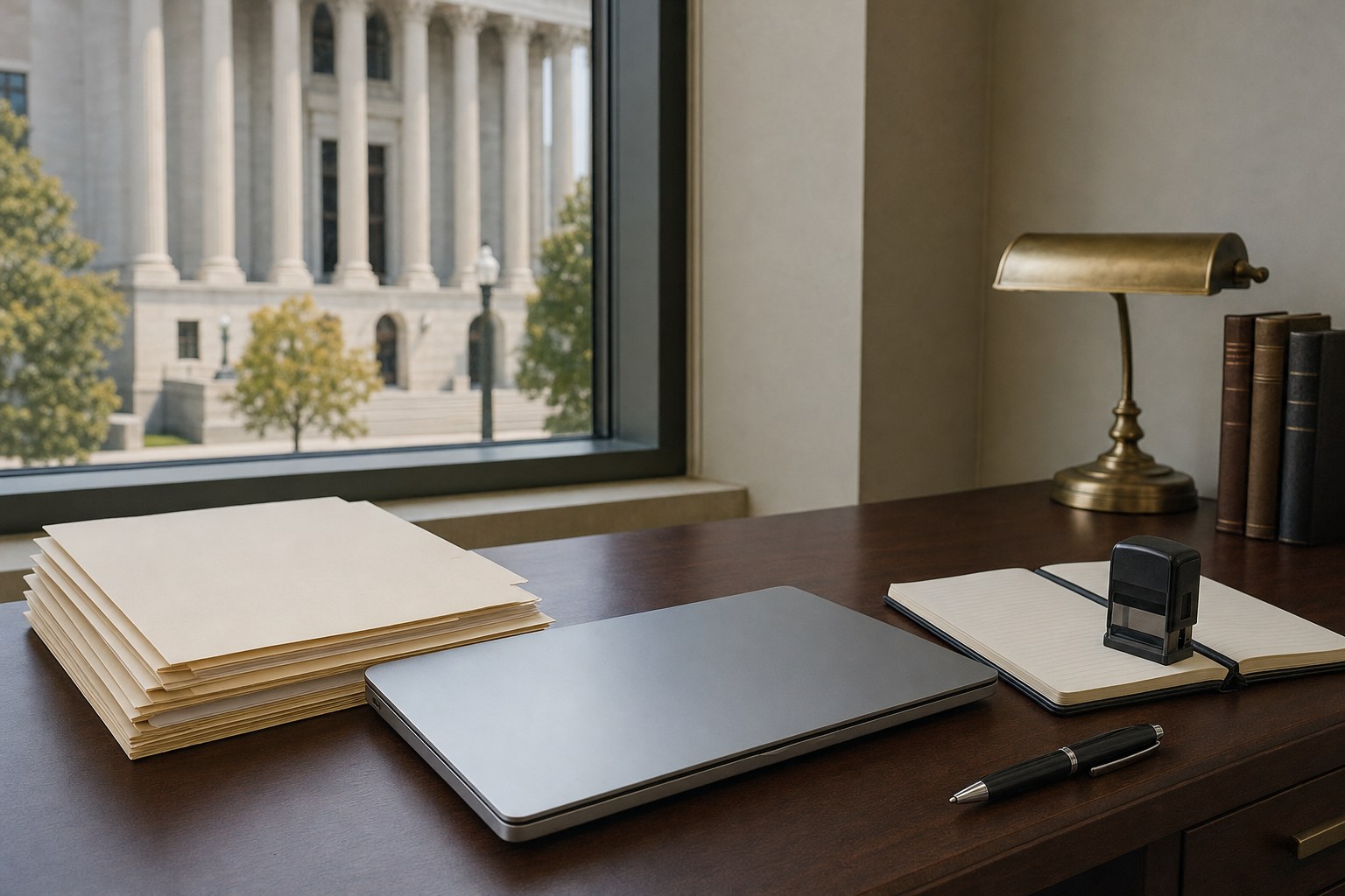 Organized case folders and a notebook on a work desk