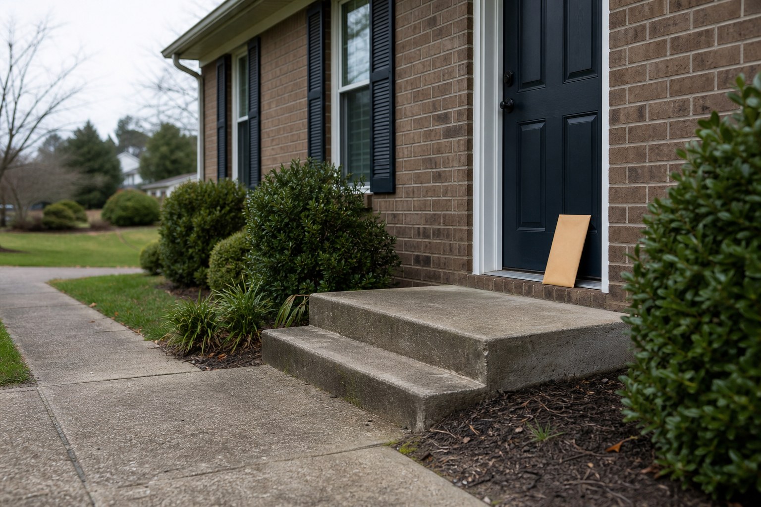 Residential front door with a sealed envelope nearby