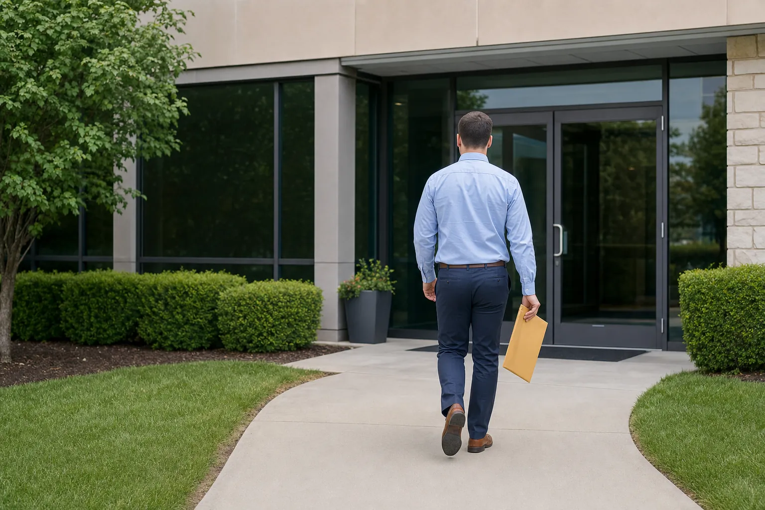 Legal support professional walking toward an office entrance with a document envelope