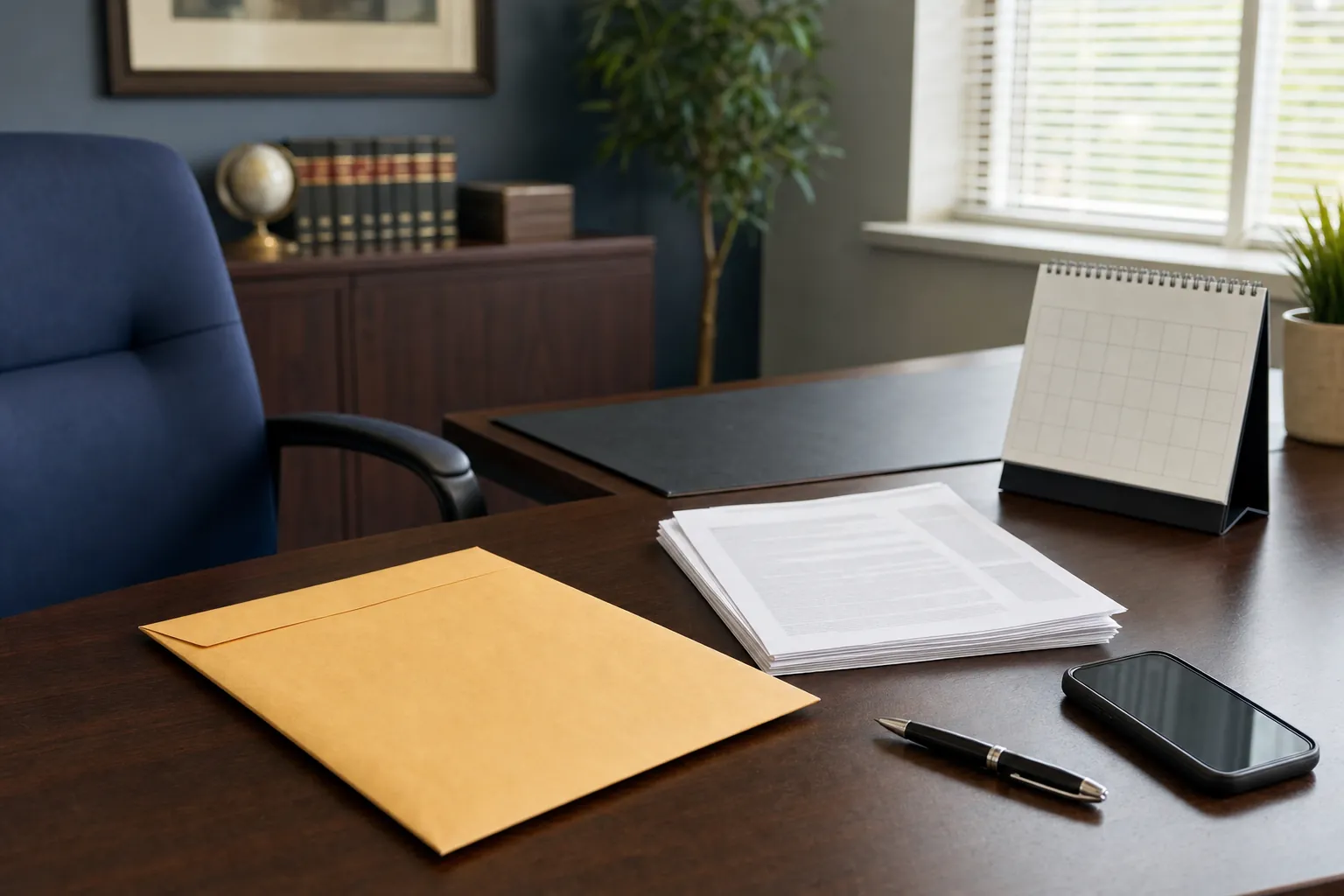 Organized desk with a document envelope, calendar, phone, and legal paperwork