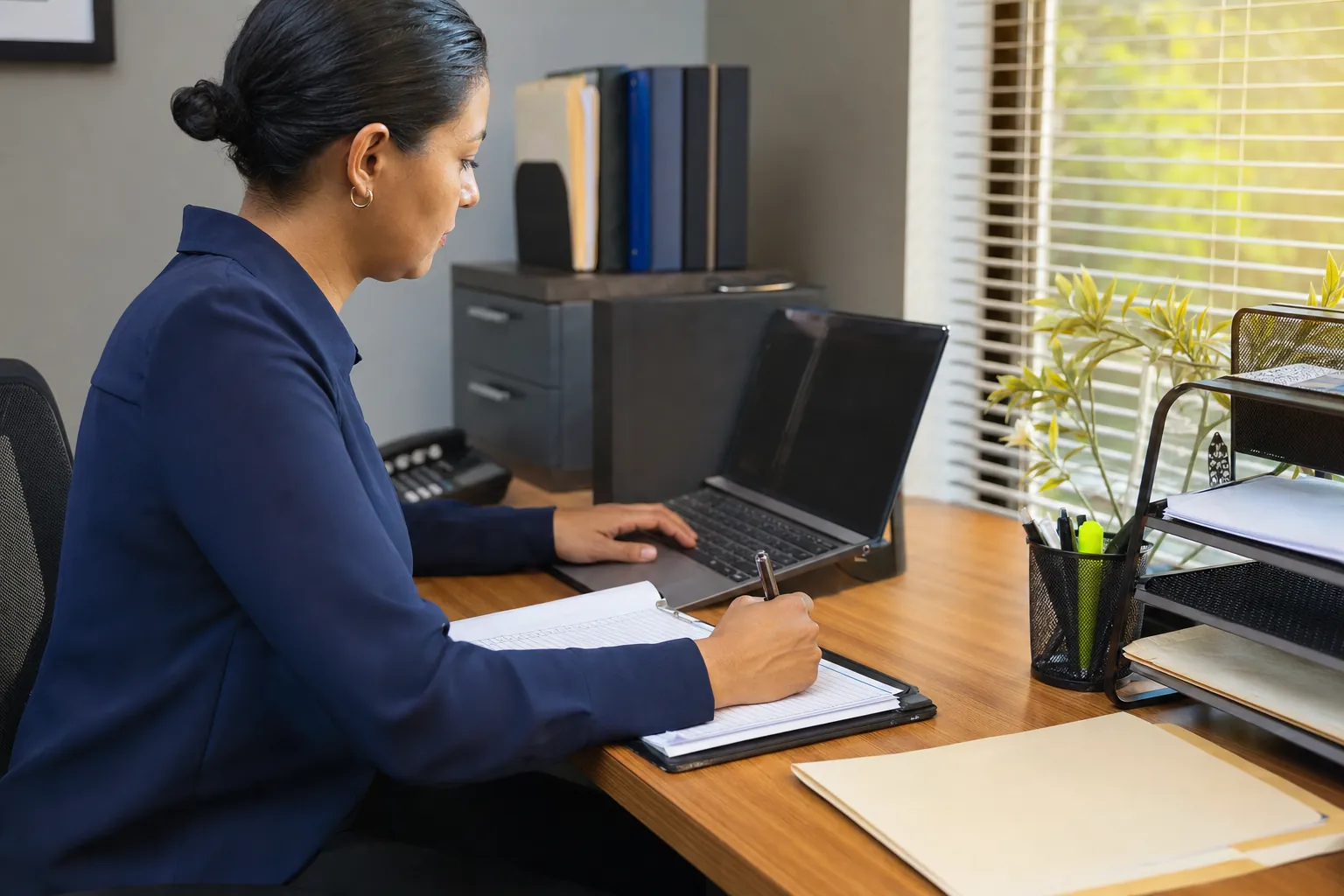 Legal support professional documenting a completed field assignment