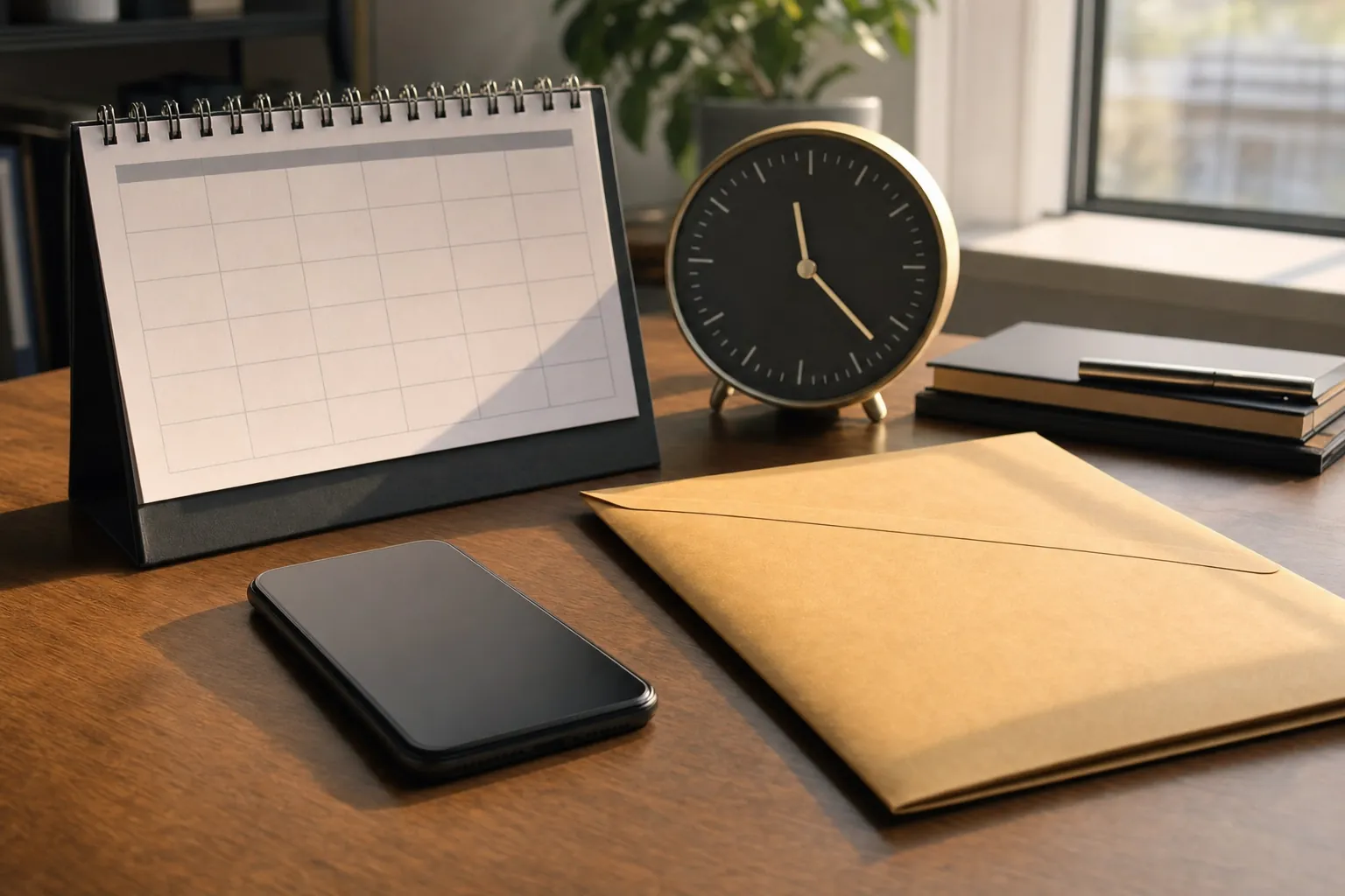 Calendar, clock, phone, and document envelope arranged on an office desk