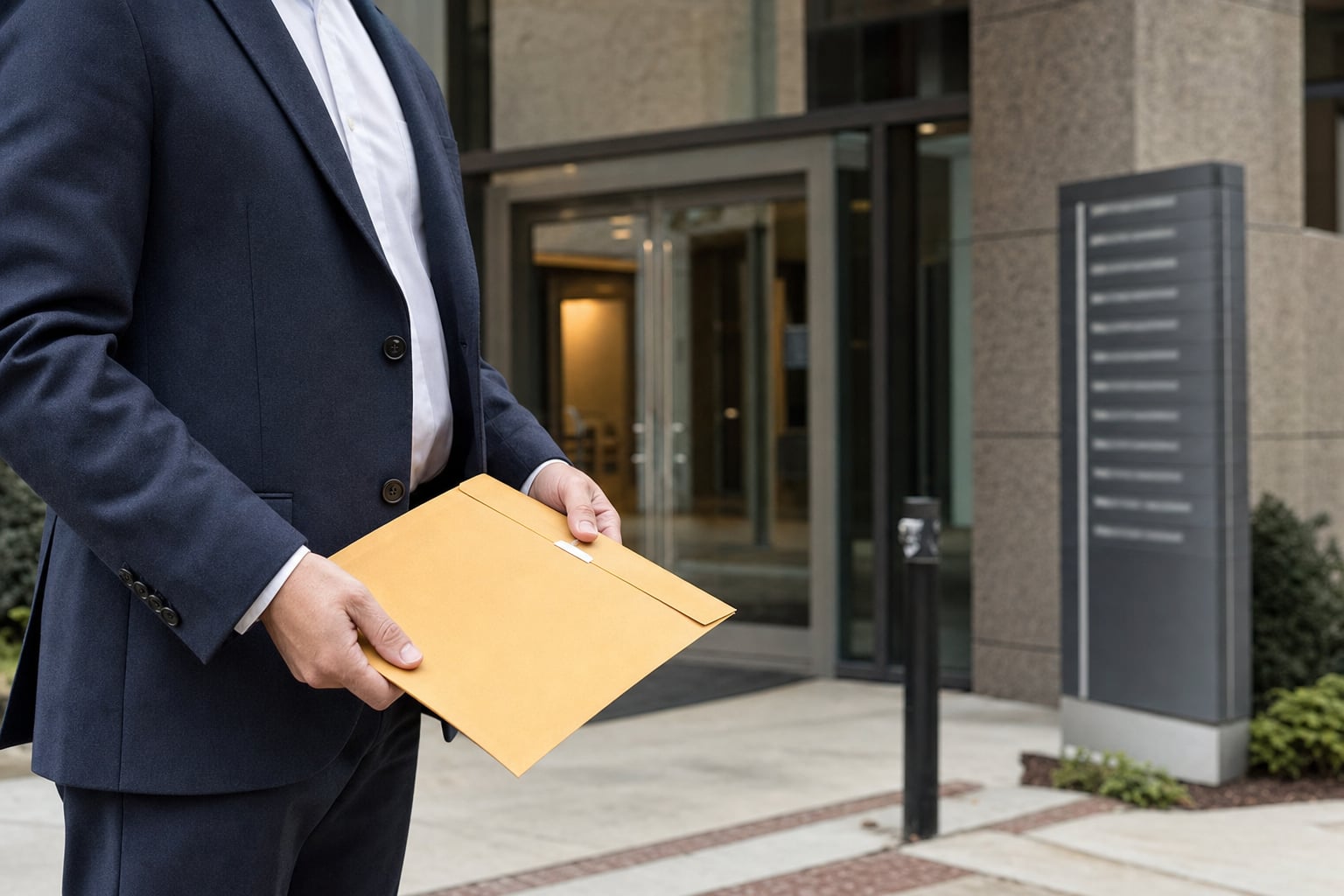 Professional carrying a sealed document envelope outside an office building entrance