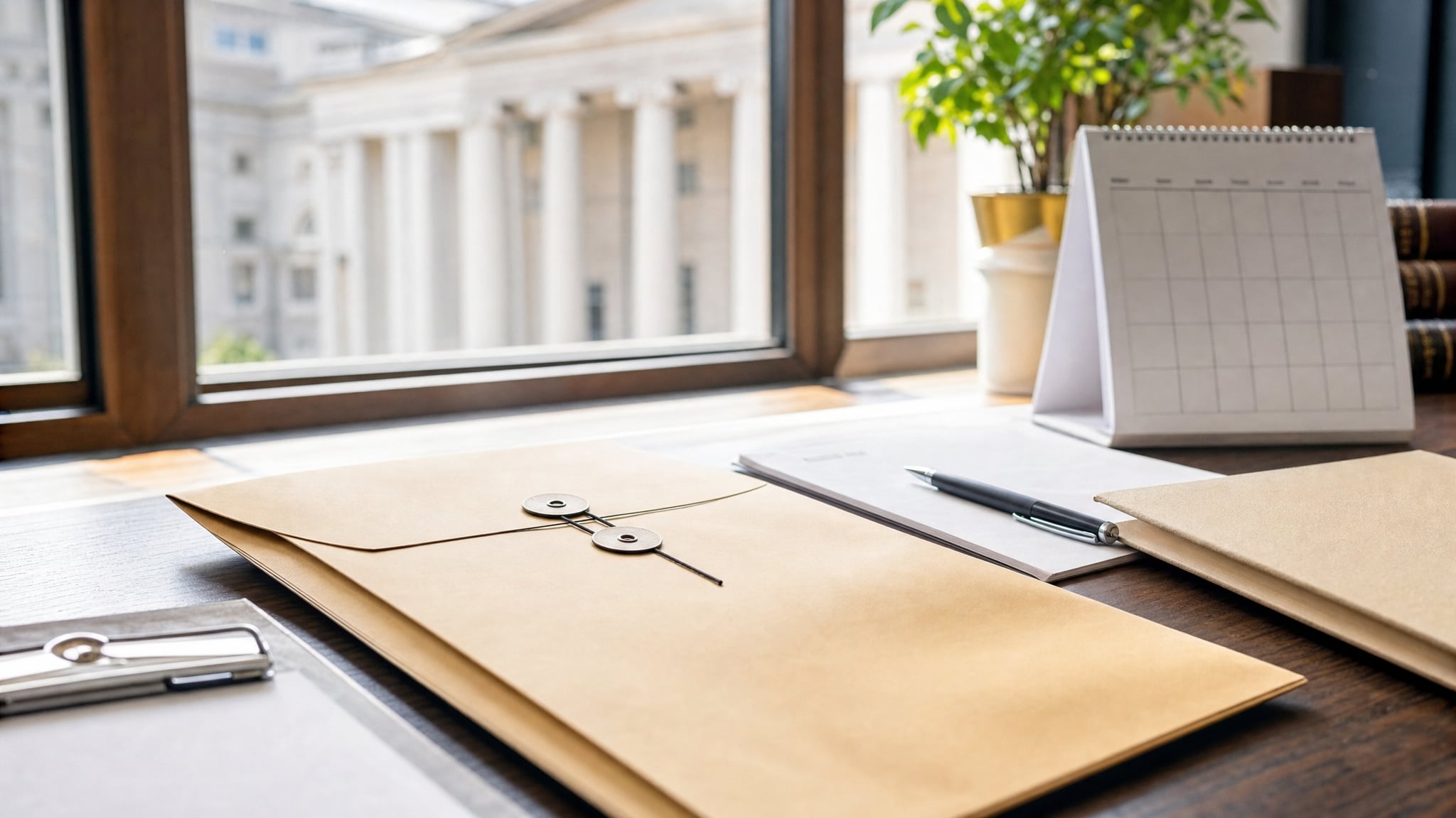 Document envelope, calendar, and legal file prepared on a desk near a courthouse window