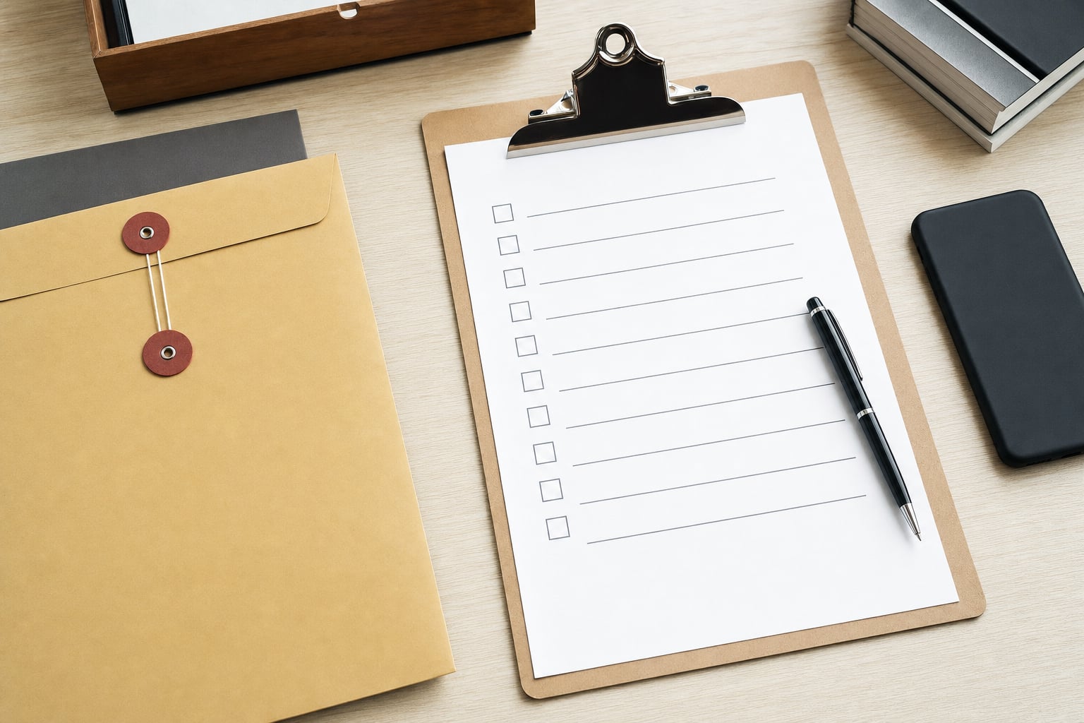 Document envelope, blank checklist, phone, and pen arranged for a service assignment review