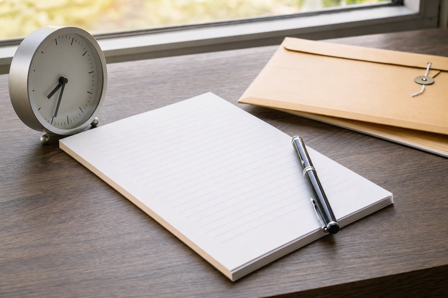 Blank field-notes sheet, clock, pen, and document envelope on a desk