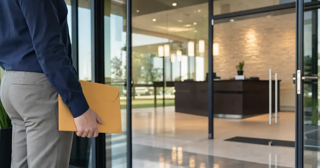 Professional carrying a document envelope outside an office lobby