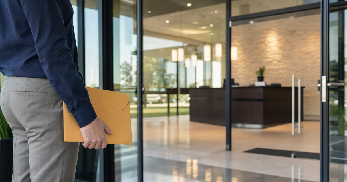 Professional carrying a document envelope outside an office lobby