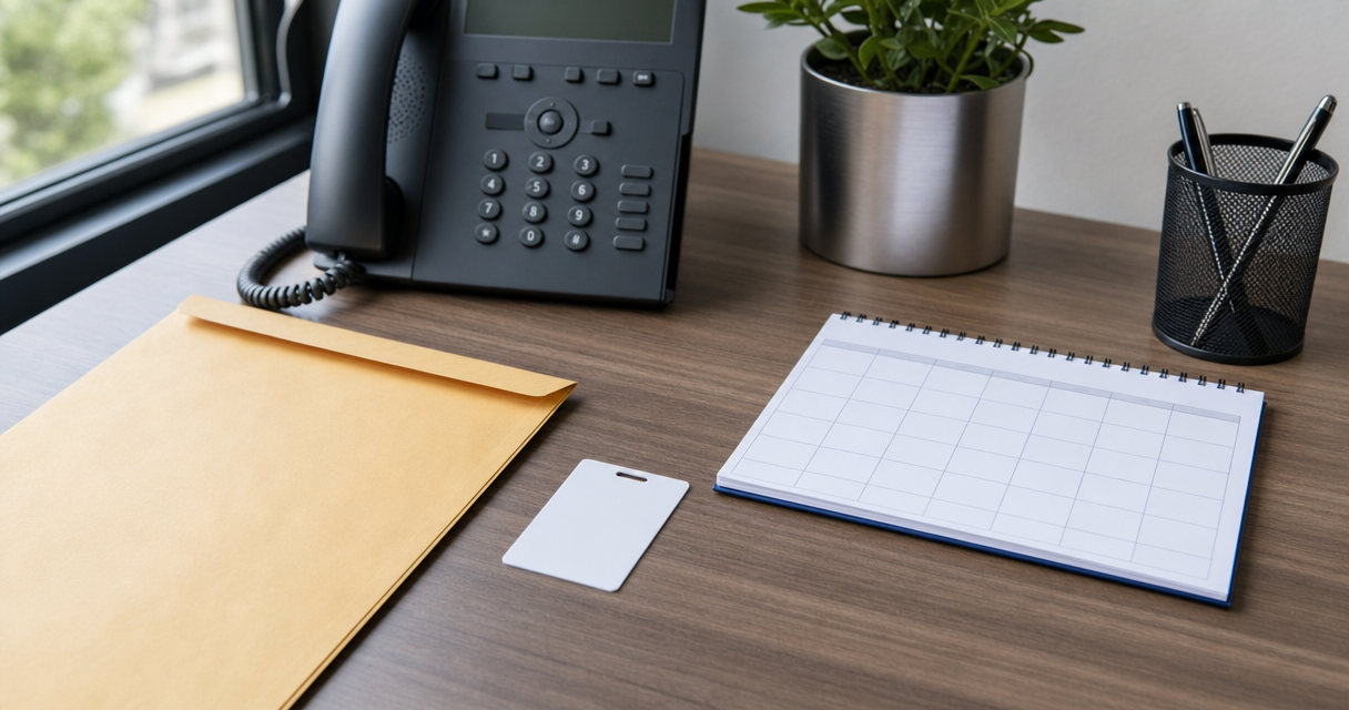 Office desk prepared with a document envelope, phone, access card, and calendar