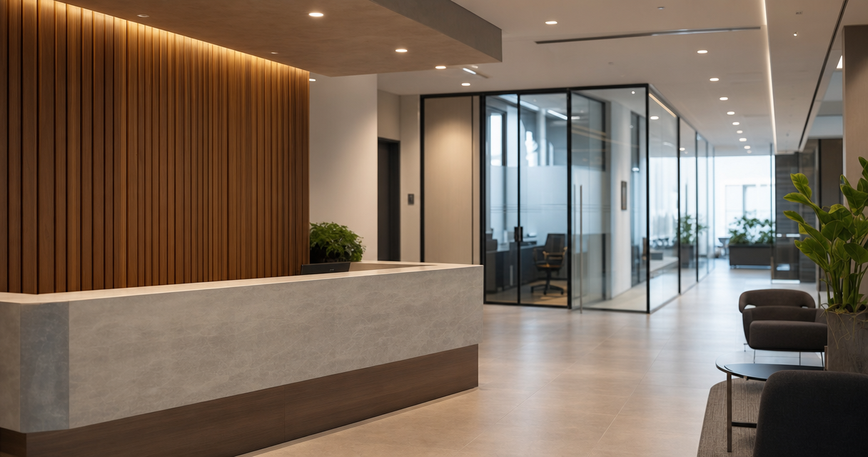 Quiet modern office reception area with visitor seating