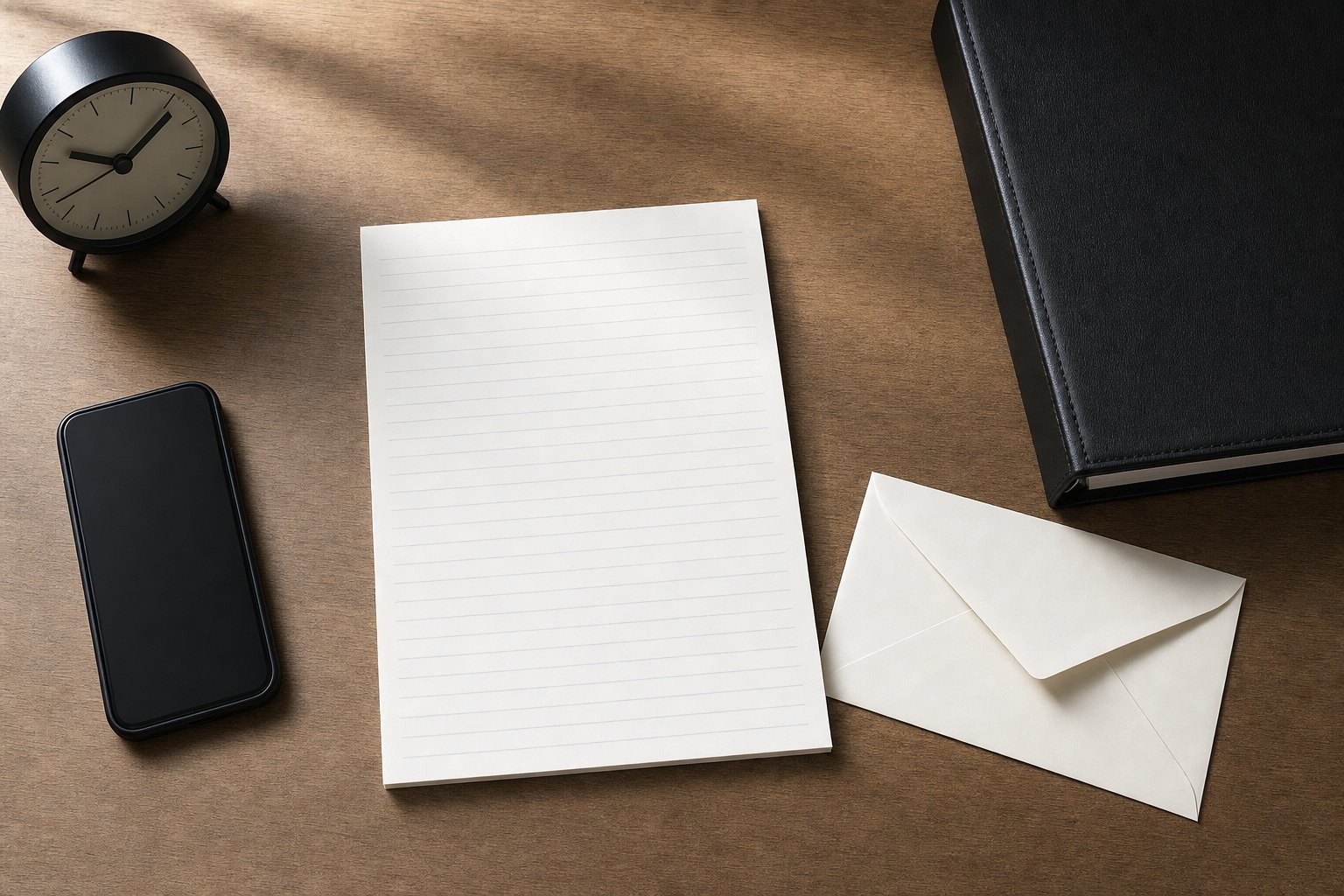 Blank service record page, phone, clock, envelope, and legal file on a desk