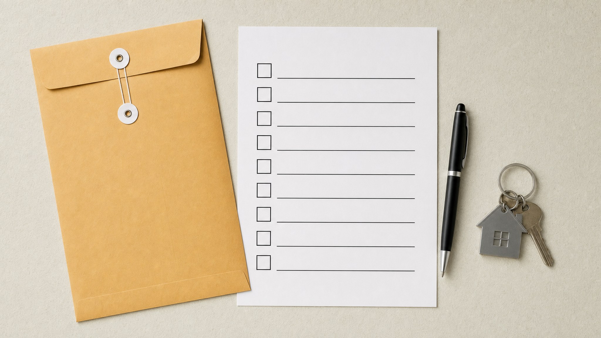 Blank checklist, document envelope, pen, and keys on a work surface