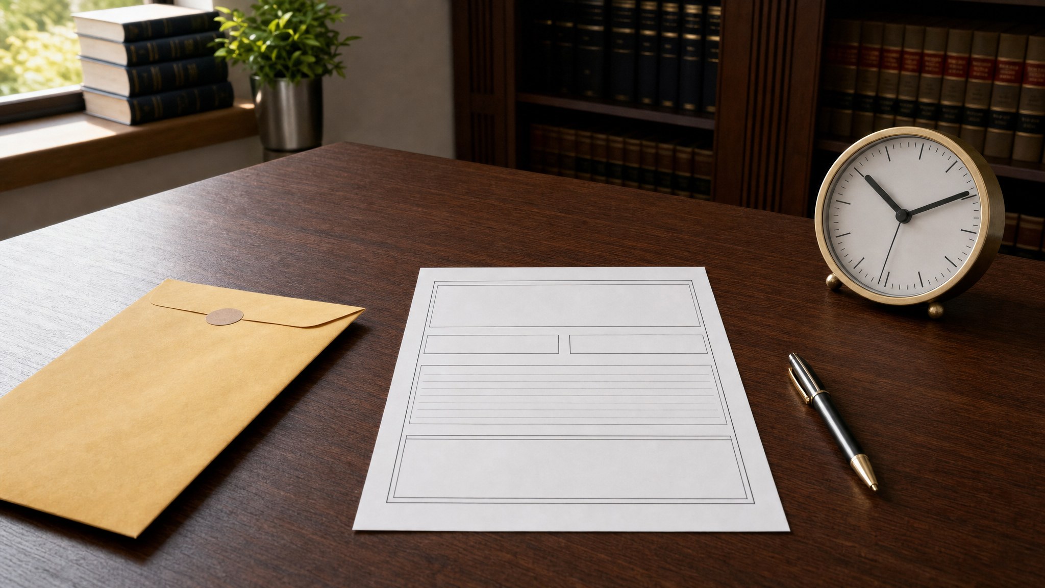 Blank service return form, document envelope, pen, and clock on a desk